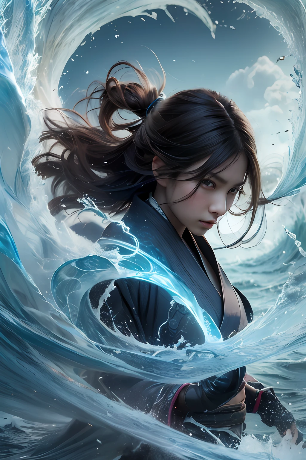 Best quality,tmasterpiece,超高分辨率,Hanfu,jade water book,brunette color hair,Eau,wave,Crashing waves,Spells,Work on,Asian people,1girll,femele,is very beautiful,Tall demon figure,long whitr hair,Undercut,Dark brown eyes,Fine eyes and detailed face,the Extremely Detailed CG Unity 8K Wallpapers,Complicated details,(style-swirlmagic:0.7),orthofacial,Visually inspect the audience,独奏,(full bodyesbian:0.6),detailed back ground,详细的脸,hair flowing in the wind, Martial artist,dynamicposes,Fighting posture,and clench your fist,Fingerless gloves,Wristbands,Dragon Theme Costume,long white robe,Rotating floating particles,dynamic compositions,Yamakawa,Rochas