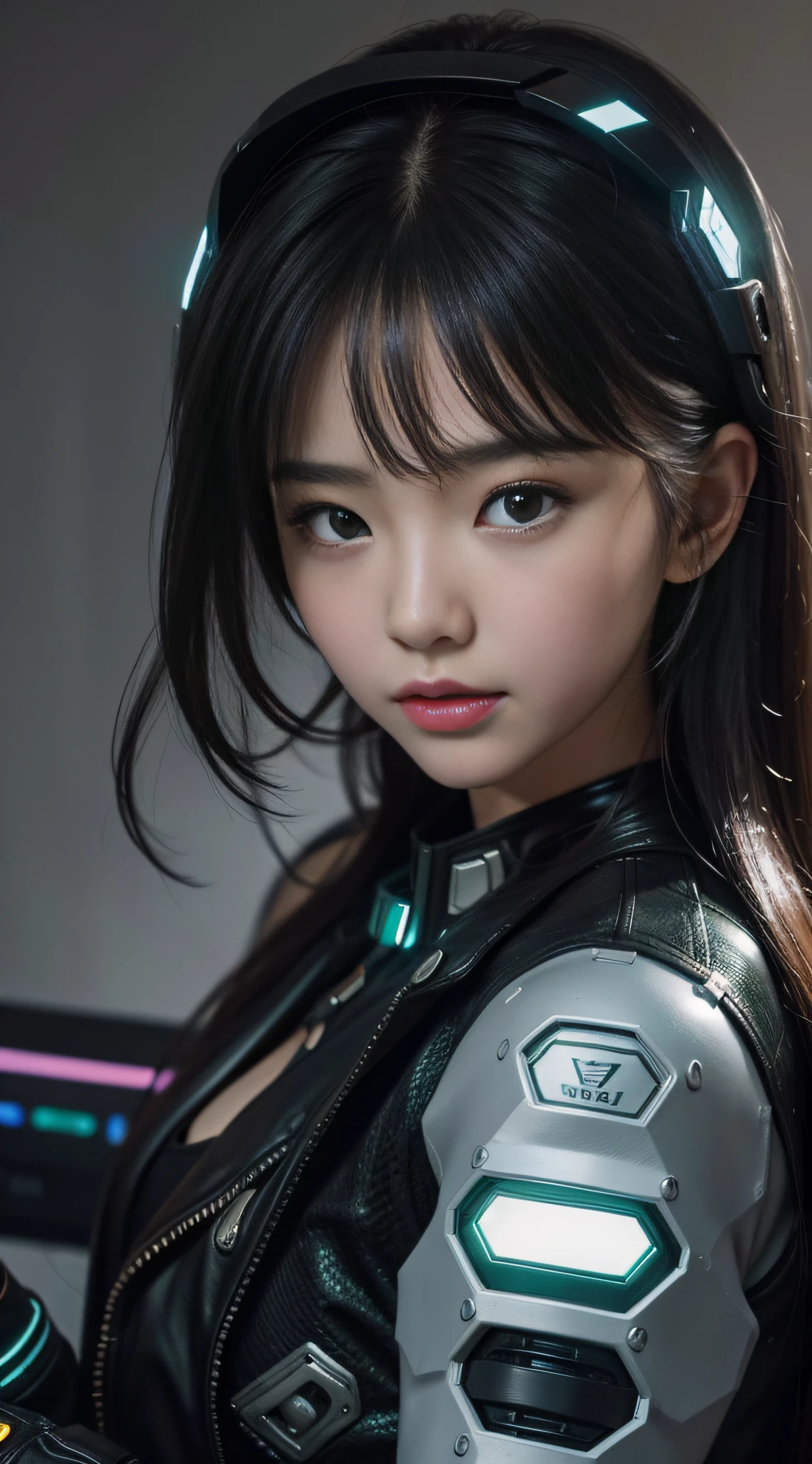Highest image quality,Outstanding details,超高分辨率,(Fidelity:1.4),The best illustration,Favor the details,Highly cohesive 1girl,He has a delicate and beautiful face,Dressed in a black-green mech,wearing a mech helmet,Hold the direction controller,Riding on a motorcycle,The background is a high-tech lighting scene in the future city,