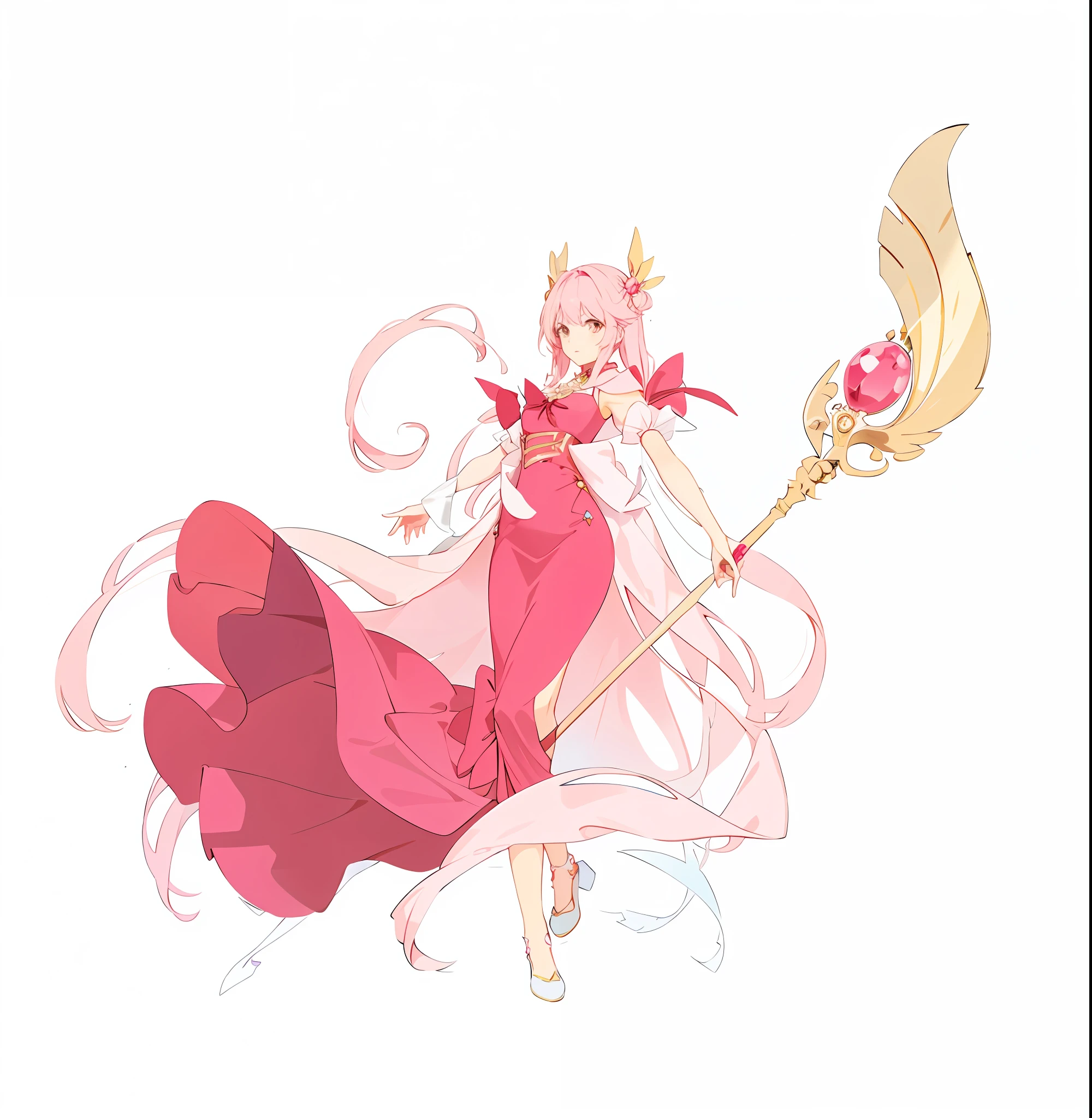 Anime girl wearing pink dress, she is holding a long staff, style of magical girl,,Fine portrayal,Full body game standing diagram