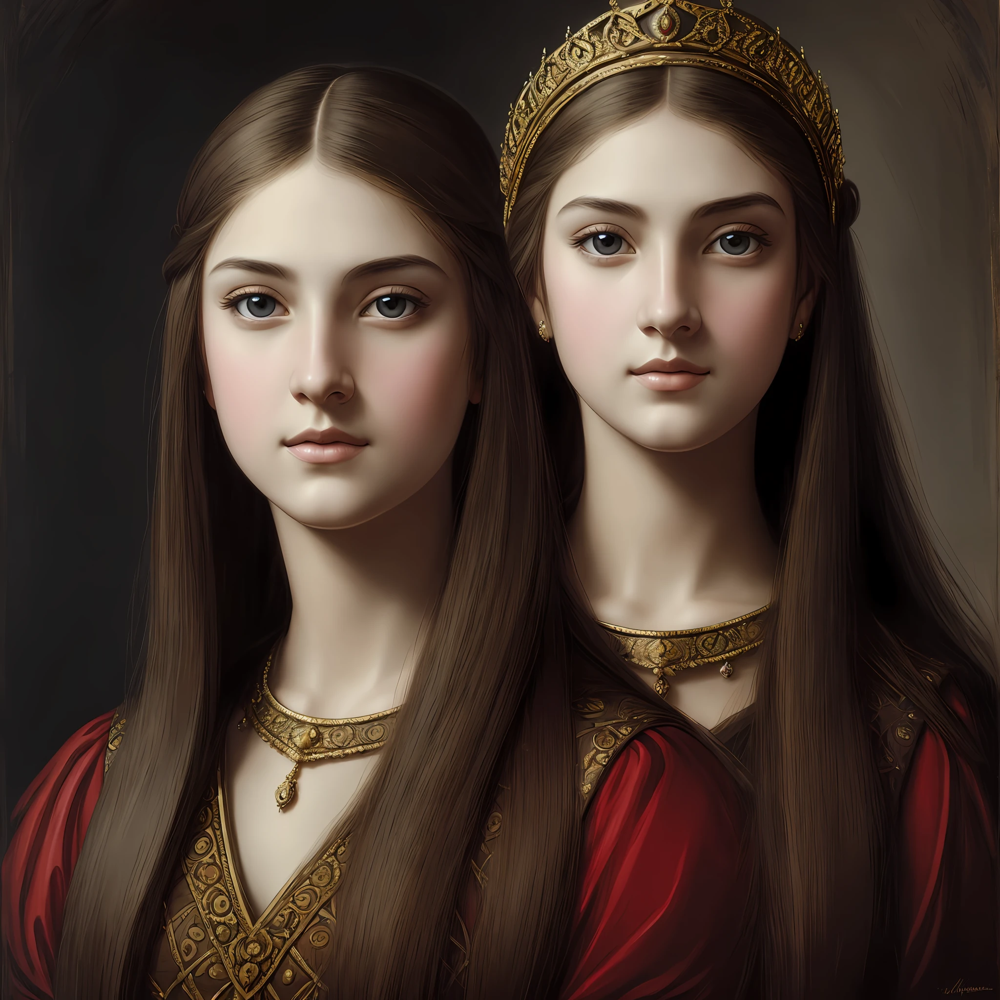 portraitures, girl with, medieval times, classicism, Andrey Atoroshenko style, Painterly, Traditional Media, realisticlying, Detailed symmetrical eyes, Detailed gorgeous face, Figurative, fine arts, oil on canevas, nffsw, 8K, Original Characters, hight resolution, high detailing, Focus on Face、Front photo、Front face Caucasian、yōrōpājin、4K --auto