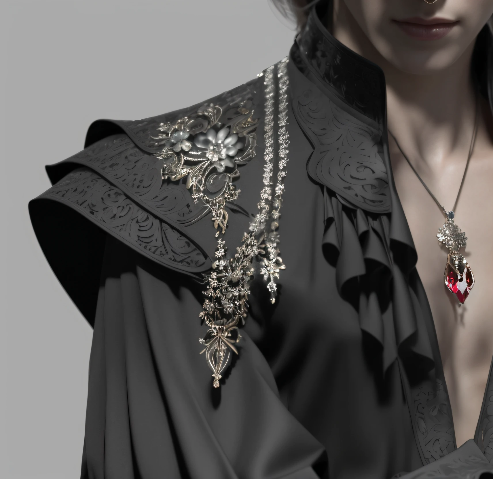 Wearing a black shirt, inlaid with silver metal decoration, very delicate and gorgeous, bloom, ((cold light)), sharp focus, photo realistic, detailed skin, background out of focus, cinematic composition , ultra-detailed, realistic , hyper-realistic , volumetric lighting, 8k, trending on artstation