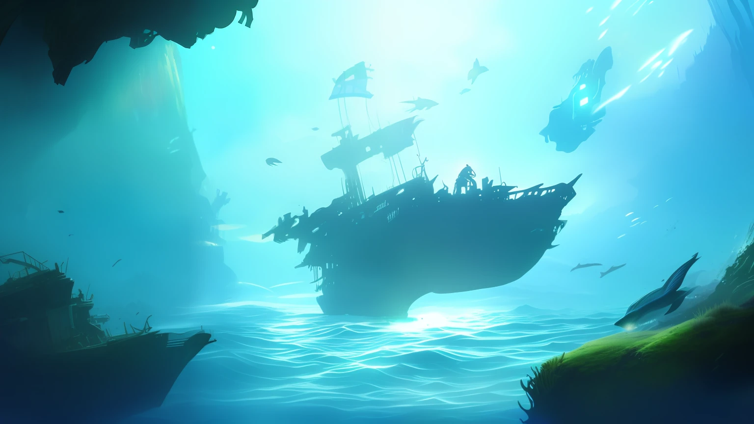 There was a boat floating in the water, undersea environment, Stunning! concept-art, ocean floor, concept art highly detailed, sunken ships, underwater environment, deep sea landscape, beautiful concept art, fantasy sea landscape, beautiful detailed concept art, highly detailed concept art, concept art stunning atmosphere, high resolution concept art, high-quality concept art