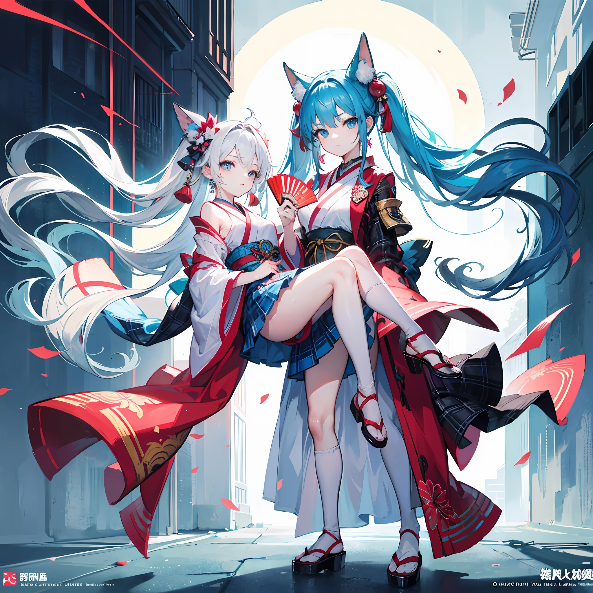 Anime characters with long hair and dresses，coffeehouse，lightblue hair，Light blue eyes，Be red in the face，White color blouse，long plaid skirt，Phillips stud earrings，Students carry beautiful fan art，detail-rich, Highly detailed character design, beautiful full-body concept art, Great character design, detailed anime character art, character design art, high quality character design, Detailed character design, [ Character design ] ，Japanese painted manga style