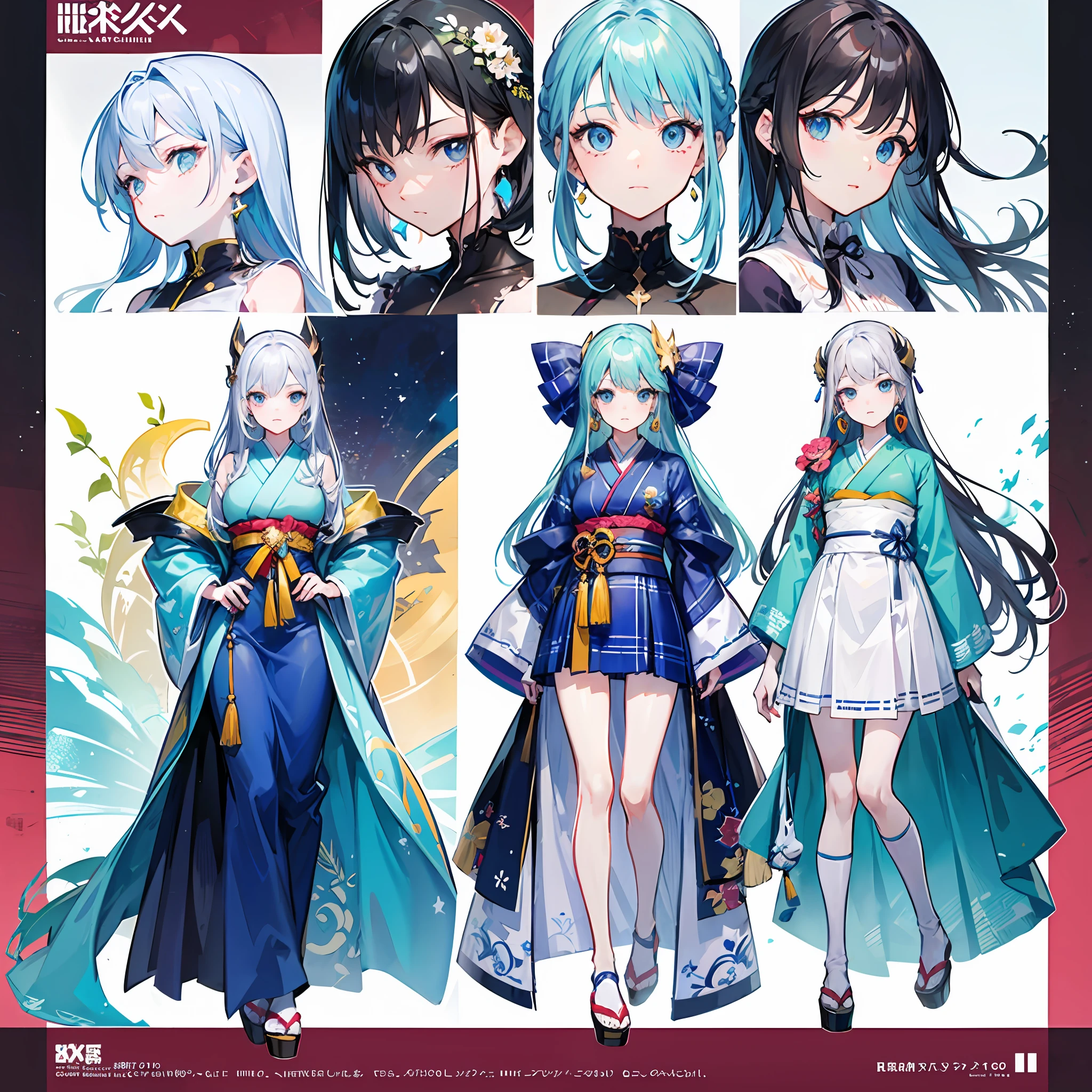 Anime characters with long hair and dresses，coffeehouse，lightblue hair，Light blue eyes，Be red in the face，White color blouse，long plaid skirt，Phillips stud earrings，Students carry beautiful fan art，detail-rich, Highly detailed character design, beautiful full-body concept art, Great character design, detailed anime character art, character design art, high quality character design, Detailed character design, [ Character design ] ，Japanese painted manga style