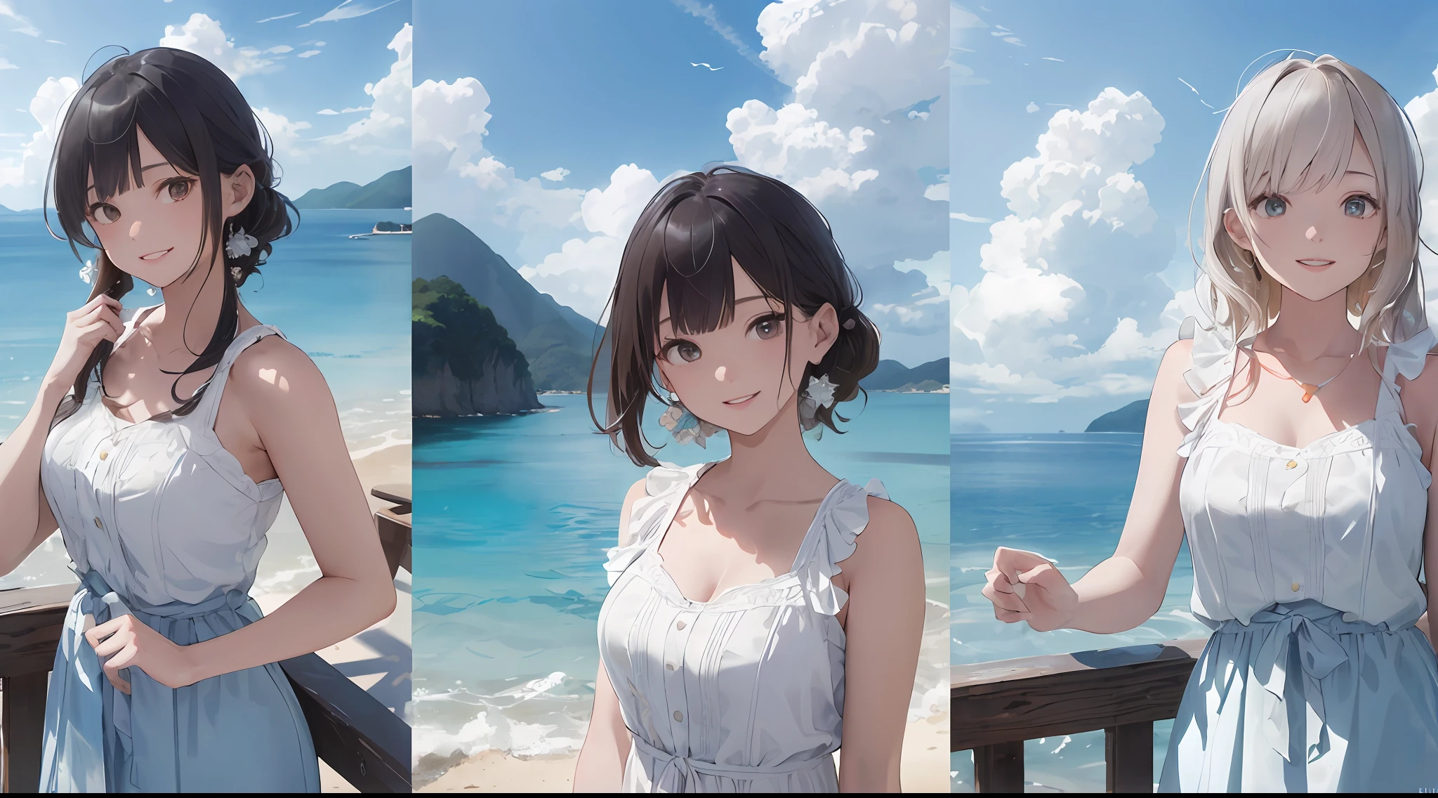 (finely best quality:1.5)、(ultra - detailed:1.5)、(Highest quality photos:1.5)、Beautiful Girl High School Girl、a very cute、Crystal clear white skin、Beautiful sea、The ocean as far as the eye can see、Summer sky、Into the cloud、beach、1 persons、Staring at the clouds、Hefty Smile、Islands in the Seto Inland Sea、Nostalgia hobby、Nostalgia、