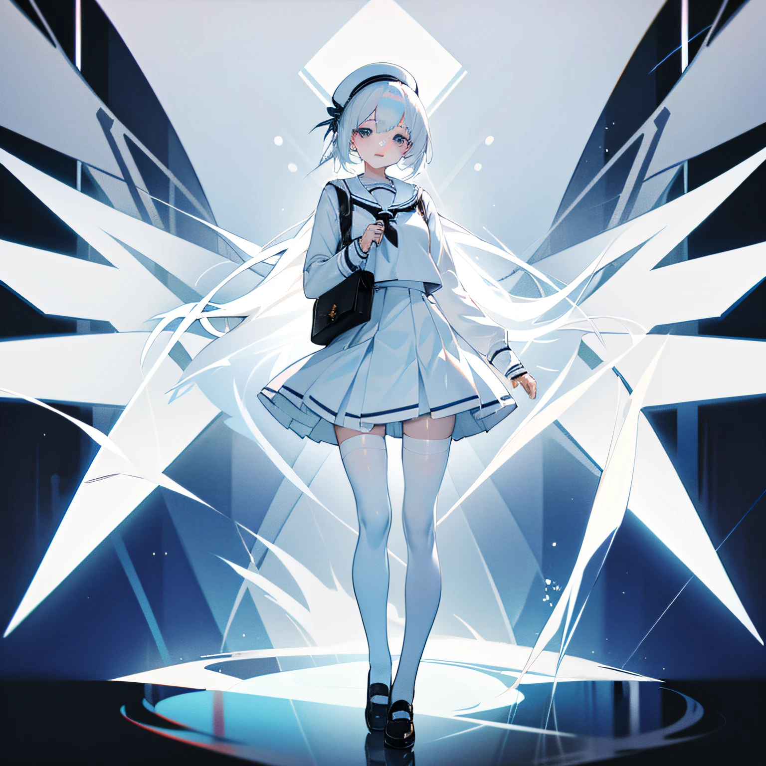 white color hair，White-colored skin，schoolgirls，Full body photo，adolable，white stockings --auto