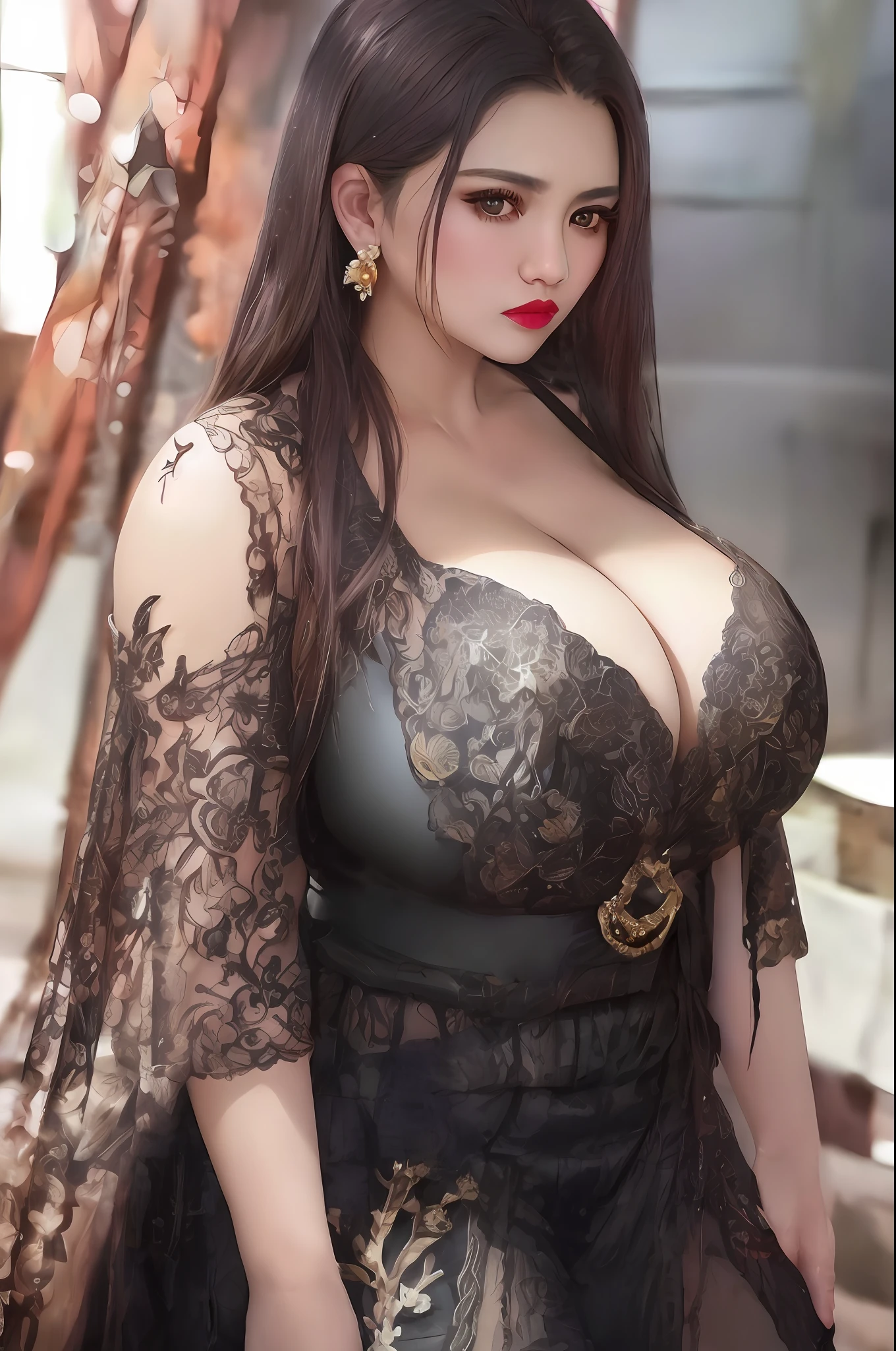 photorealistic,fullbody shot,cinematic shot, studio lighting, shot Phase One, ISO 100, natural lighting , sharpen , lightroom, fine art photography, hyperdetailed, highly detailed, 8 k, sharp details on face, photography, woman, java wedding woman in black kebaya dress traditional and batik skirt, , voluptuous, curvy, thick, huge breasking at viewer, jewerly and hair on hair, red lipstick, golden necklace, earrings, ornate, detail, flowers, blurry background, soft focus