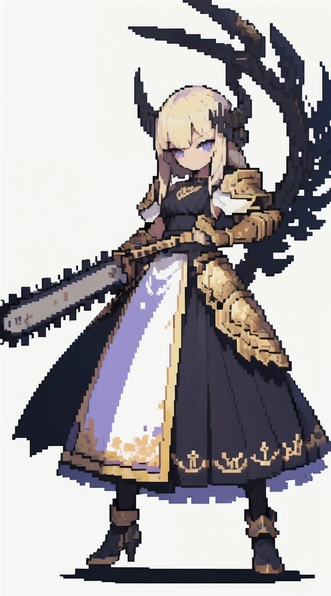 (masterpiece, top quality, best quality), pixel, pixel art,1girl, full body, human, warrior, young, curious look, white skin, purple irys, long blond hair, golden and black War_Glam, chainsaw, sprit for the game, low res, pixel art