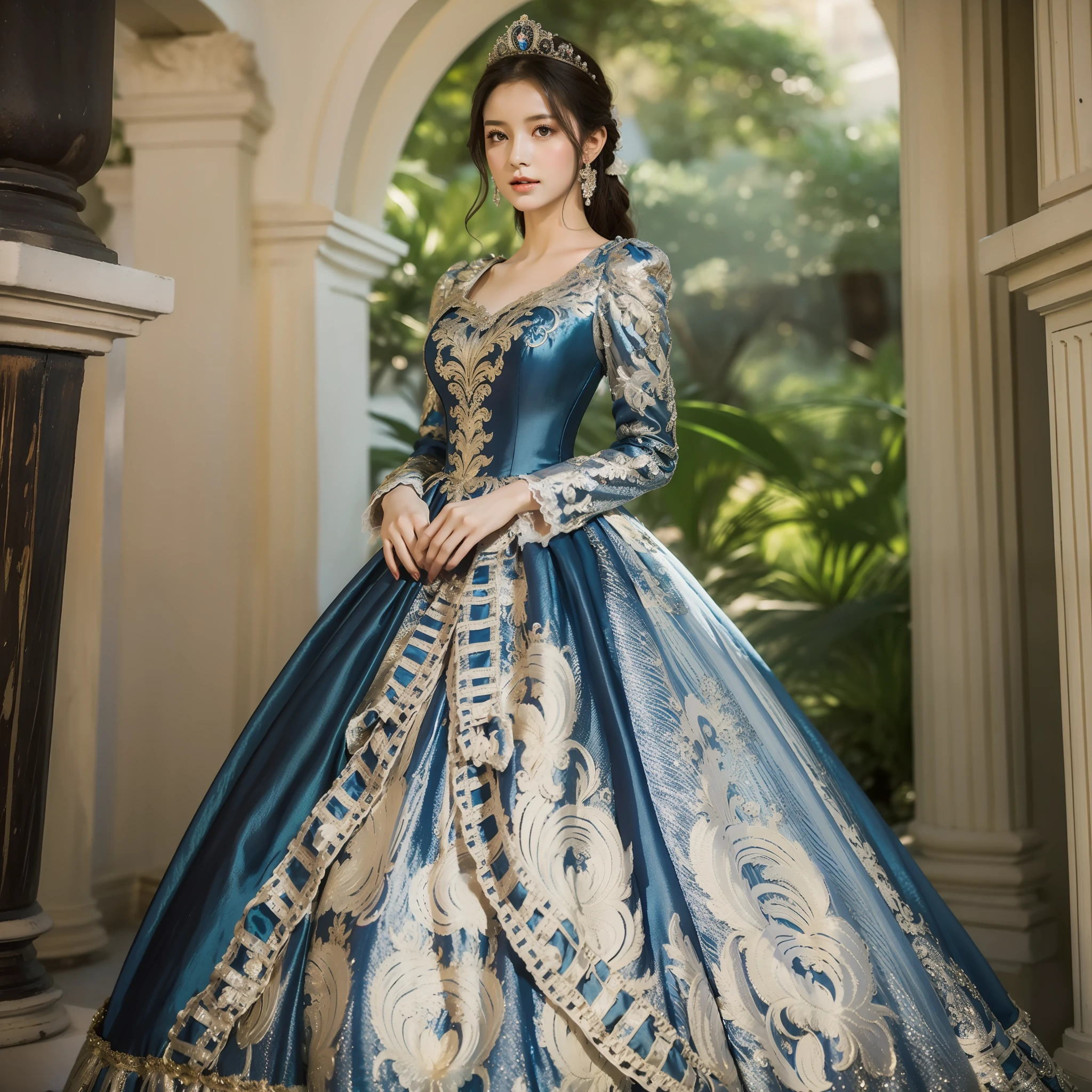 (Best quality), (Masterpiece), Photography, Realistic, (1girl), perfect body, dress, classical long dress, elegant dress, princess dress, blue, european girl, indoor, cinematic lighting, sharp focus, depth field