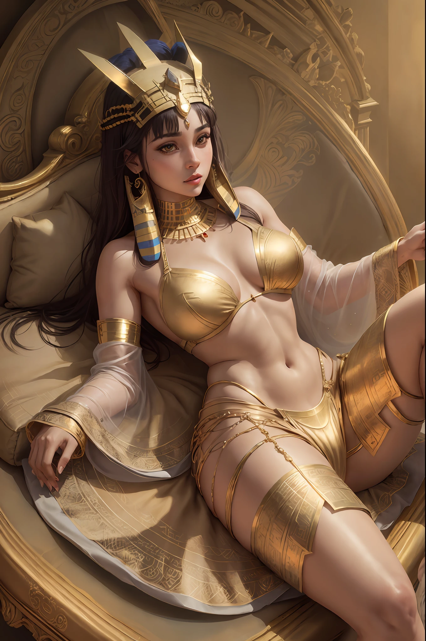 Brown-skinned girl, (Pharaoh  of Egypt), queen, Cleopatra, sexy, [[ecchi hentai Nicki Minaj as bride]] , resting (lays on golden sofa:1.4), (laying on her side :1.4),  golden egyptian dress , deep v dress, fully exposed her breasts,  big shiny breasts exposed, almost naked, brunette bangs,  open tummy, open straight legs, open shoulders, Egyptian (striped headscarf),  Proud, Majestic, (8k, RAW photo, realistic: 1.25), (lip gloss, highest quality, ultra-high resolution, depth of field, chromatic aberration) , gold necklace, excitement, sexy pose, full body,  sheer see-through panties, transparent pharaoh outfit, visible, breasts visible,perfect anatomy, perfect hands, perfect feet, big hips, perfect body, [steam wave], (SFW)