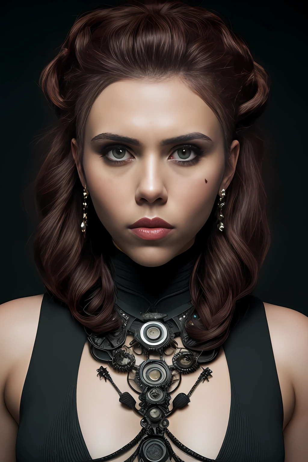 scarjo-subject Biomechanical hacker - shaman of the sisterhood of cables wearing cable - dress made of cables with biomechanical filigree, super haute couture highly detailed eye, highly detailed lips, highly detailed skin, bokeh, lenseflare, by Emil Melmoth, Marcin Nagraba, Rebecca Millen, shot with Hasselblad X1D - 50c