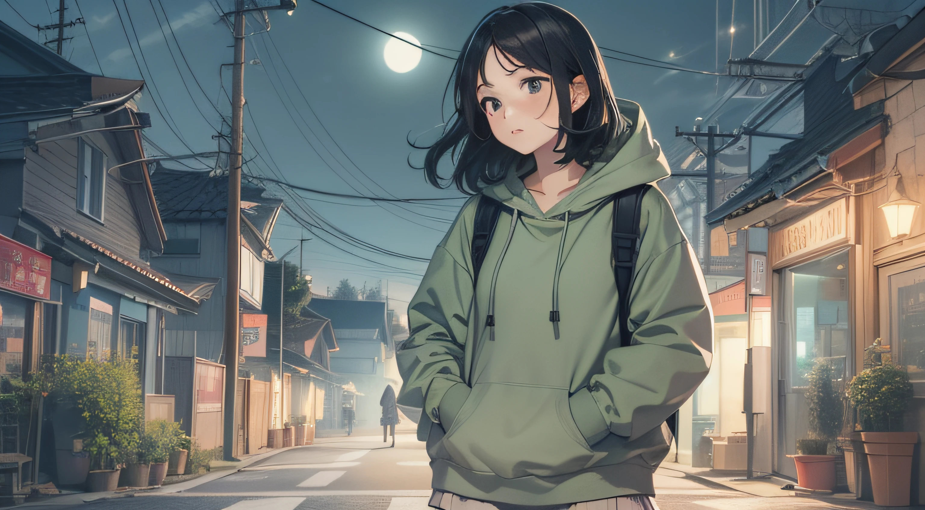 illustratio、Depicts an 18-year-old woman with black hair walking in the middle of the night、Generate simple beautiful images。The woman is wearing a khaki jumper with a hood、I am wearing a gray sweatshirt。Moreover、She wears Kitty's sandals。