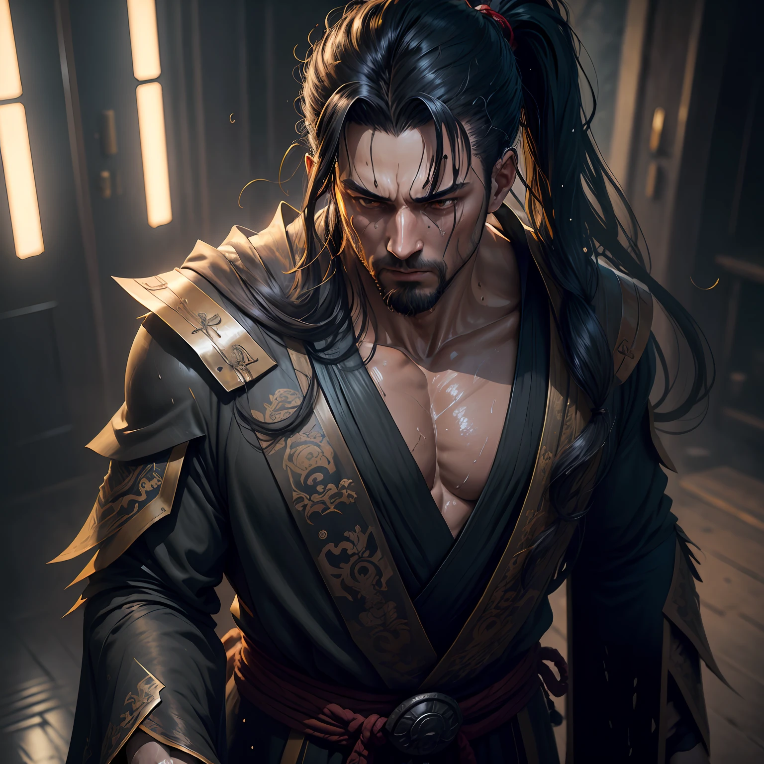 Two-dimensional, anime style, man (male warrior), muscle, correct proportions, face details, martial arts, high ponytail hairstyle, sweating, sweaty face, drooling, neck details, with Adam's apple, wet, wet, Hanfu costume, long robe, embroidered robe, dragon robe, clothing details, collar, long sleeves, game quality, swordsman demeanor, light and shadow tracing, ray tracing, detail glow, CG rendering, hair details, long black hair, golden eyes, sweaty face, handsome, handsome, sweat beads slipping down the neck, (juvenile feeling), complex clothing, wet, wet, perfect composition, refinement, high quality, more details, a lot of details, complex background, atmosphere,