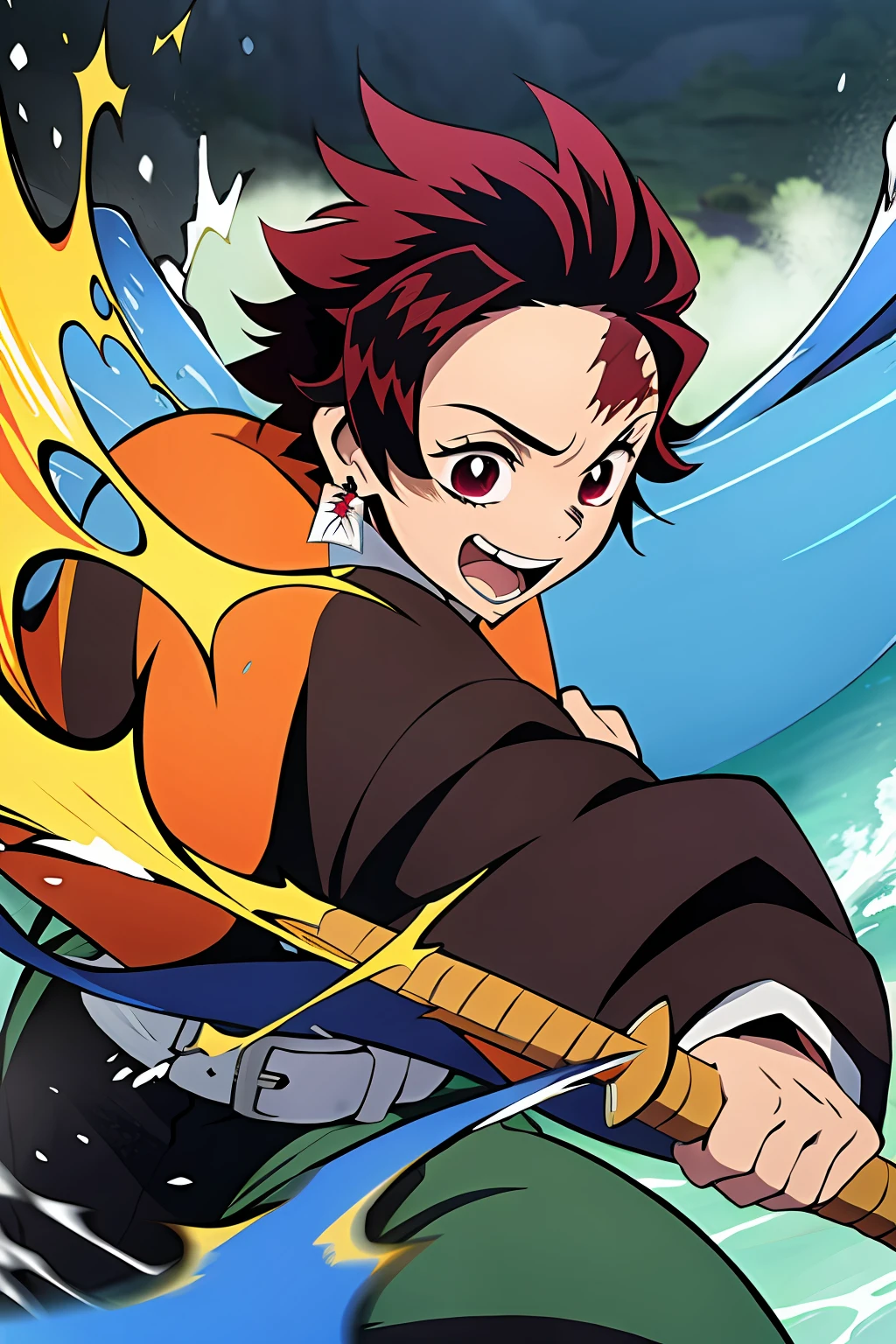 Kimetsu no yaiba style, Kamado tanjiro, demon slayer uniform, 1boy, male focus, scar on face, weapon, scar, earrings, teeth, jewelry, pants, scar on forehead, brown hair, belt, black pants, japanese clothes, haori, green haori, solo, red eyes, long sleeves, anime coloring, (((masterpiece)), happy face, water