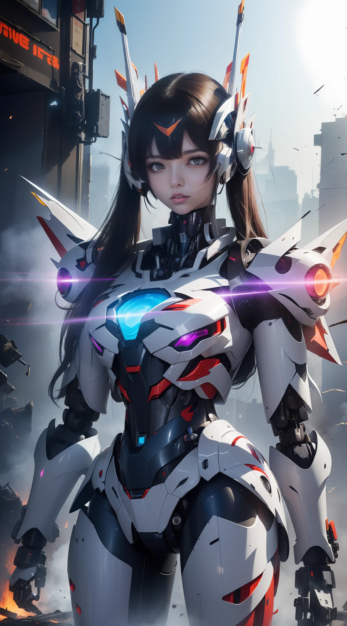 (mecha-armored:1.4) female warrior, stylish sleek design, form-fitting armor, (over-the-shoulder:1.2) perspective, urban war zone, destroyed buildings and fires in the background, (smoke and debris:1.3), sharp sunset silhouette, inspired by Evangelion (Yoshiyuki Sadamoto:1.2), intense glowing eyes, holding a massive (energy sword:1.2), vivid colors, striking contrast, badass