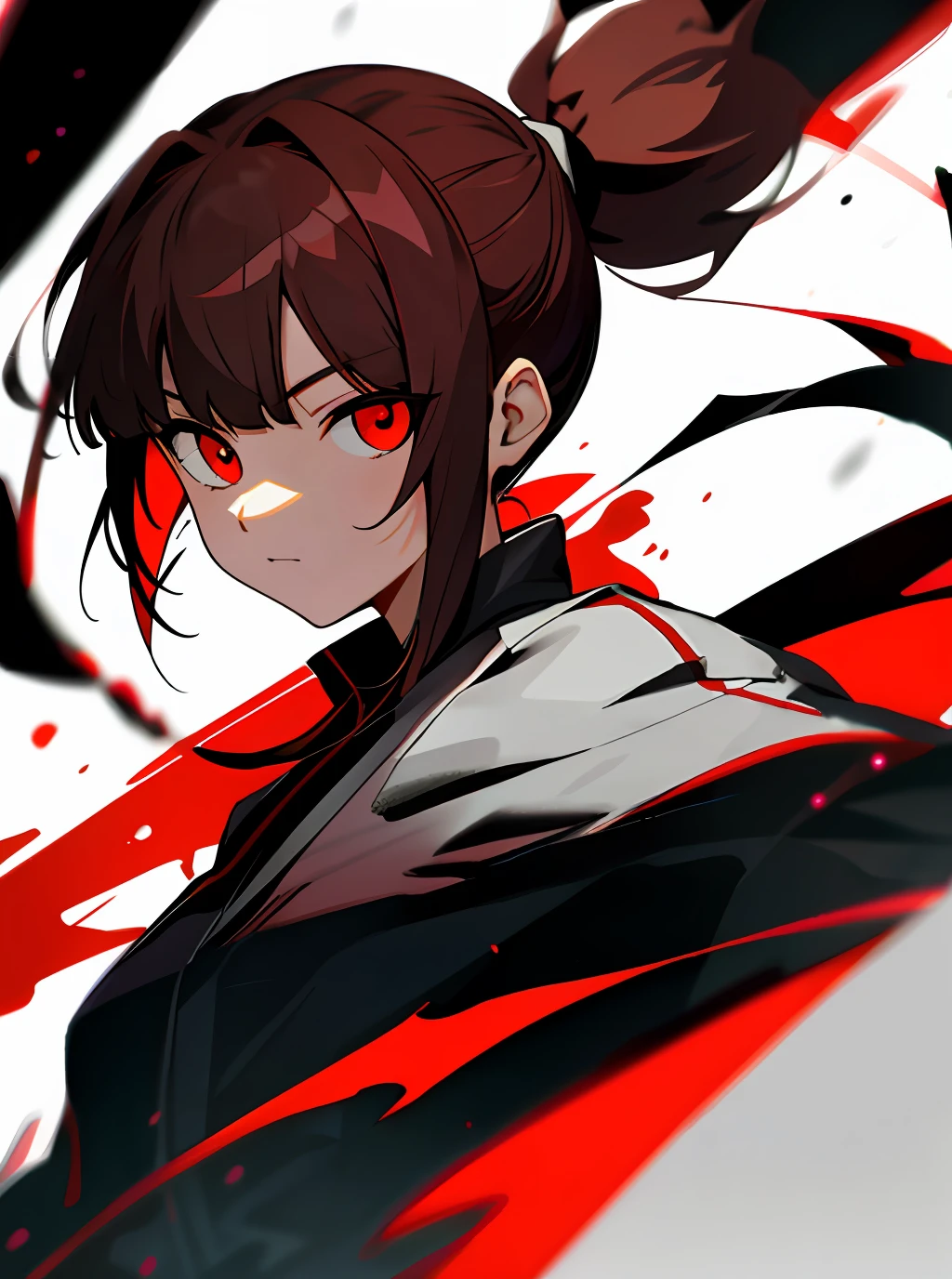 brunette color hair, Red-eyed single ponytail girl