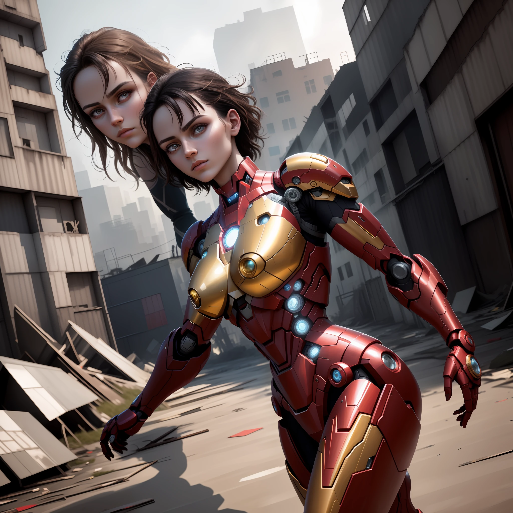 RAW, Masterpiece, Super Fine Photo,, Best Quality, Ultra High Resolution, Photorealistic Photorealism, Sunlight, Full Body Portrait, Amazing Beauty,,Dynamic Pose,Delicate Face,Vibrant Eyes,(from the side), She Wears Futuristic Iron Man Mech, Red and Gold Color Scheme, Very Detailed Abandoned Warehouse Background, Detailed Face, Detailed Complex Busy Background, Messy, Gorgeous, Milky White, Highly Detailed Skin, Realistic Skin Details, Visible Pores, Sharp Focus, Volume Fog, 8K UHD, DSLR camera, high quality, film grain, fair skin, photorealism, lomography, huge metropolis in a future dystopia, seen from below, translucent