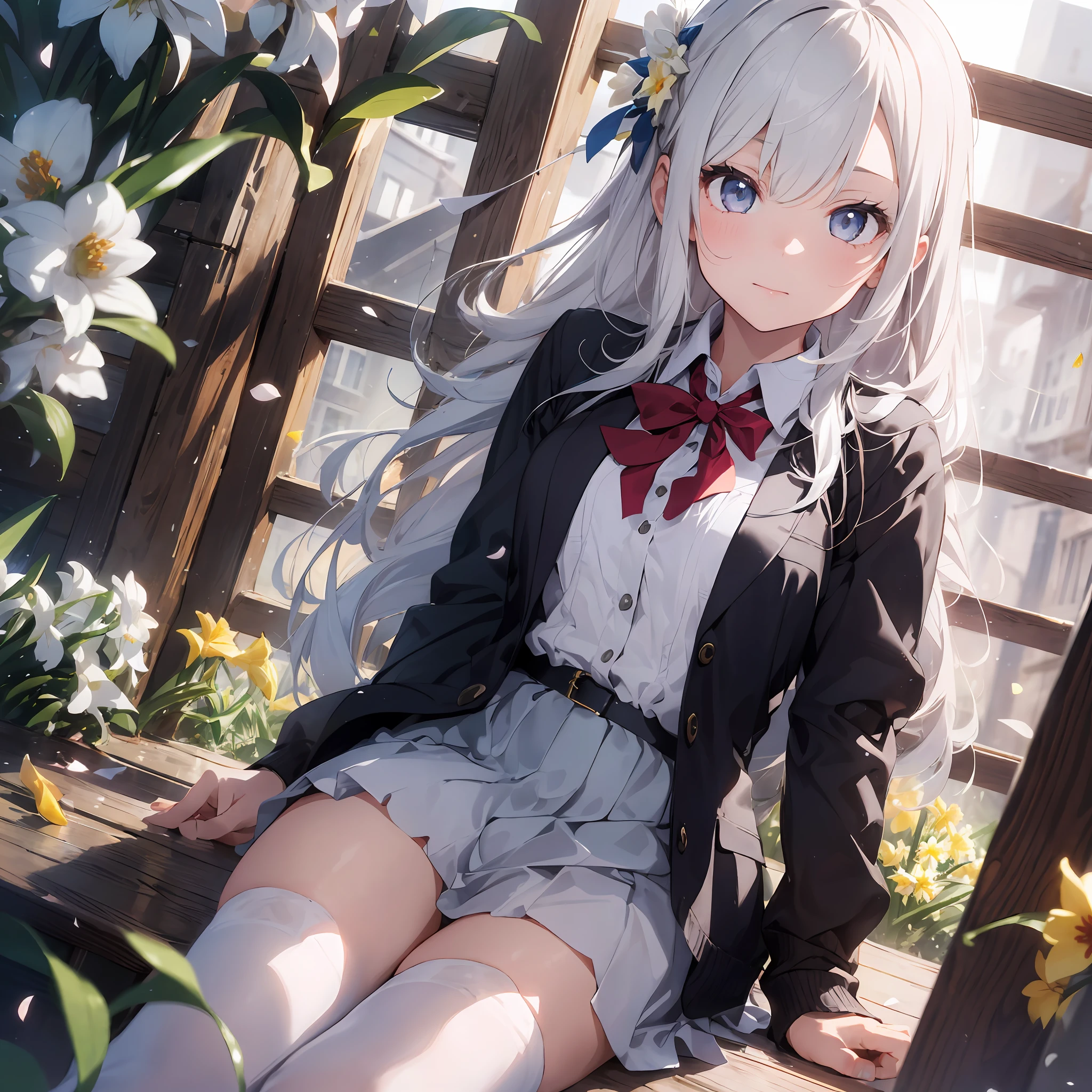 1girl, beautiful detailed eyes, long white hair, light grey eyes, school uniform, high white stocking, vivid, flower, daffodil, hyacinth, falling petals, , high contrast, ((masterpiece, best quality)), cinematic light, cinematic composition