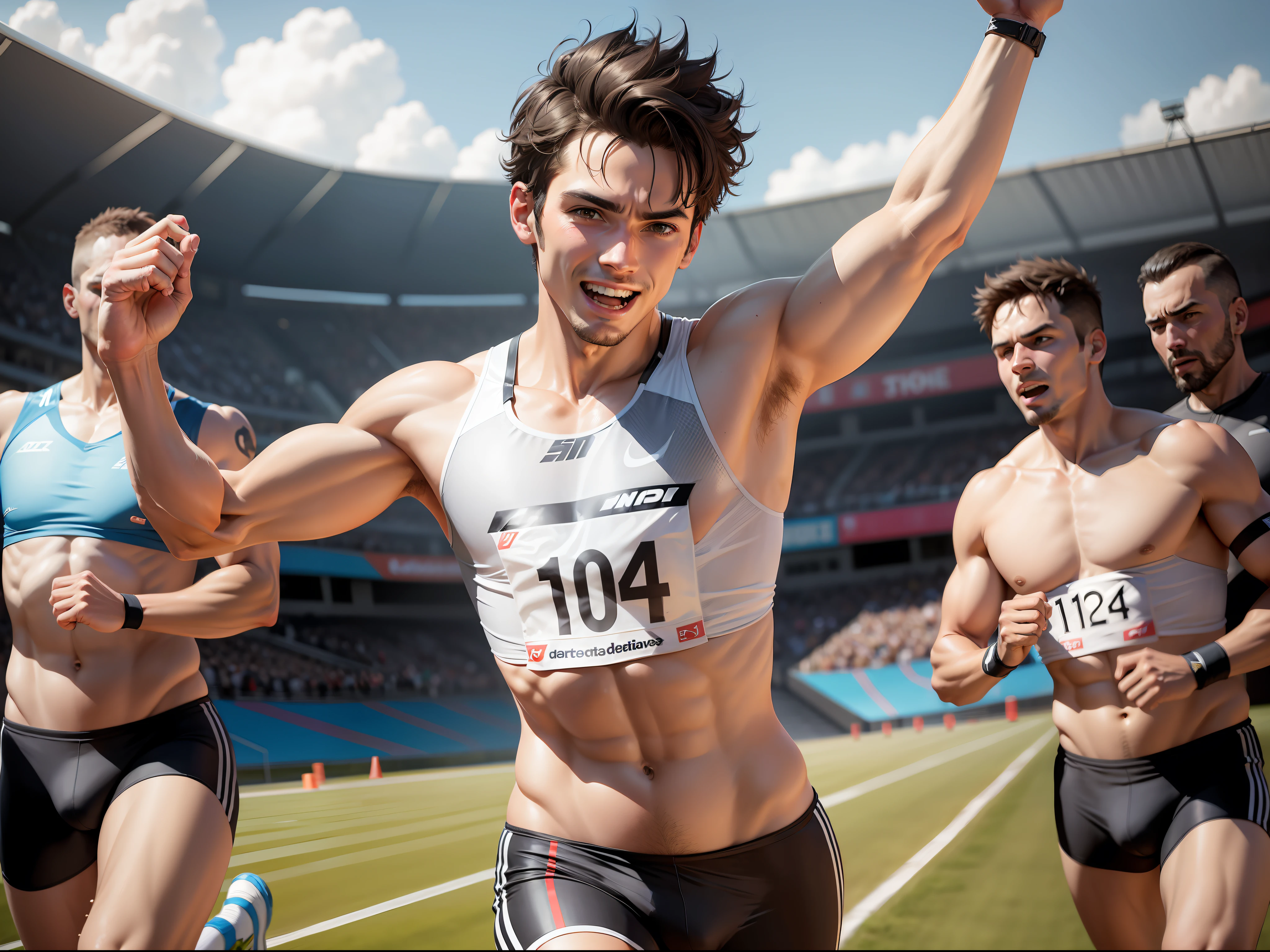 The man ran to the finish line,cheer,One guy --auto