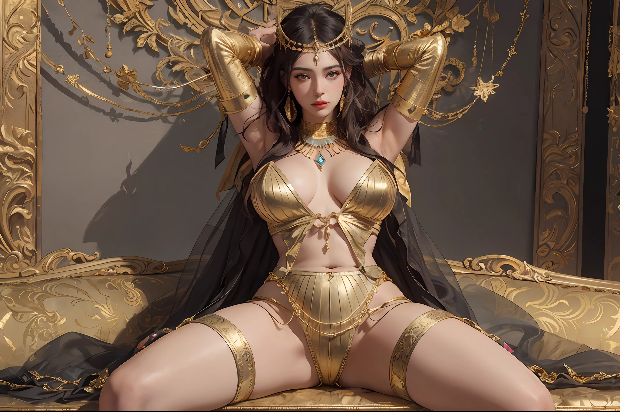 Brown-skinned girl, (Pharaoh  of Egypt), queen, Cleopatra, sexy, [[ecchi hentai Nicki Minaj as bride]] , resting (lays on golden sofa:1.4), (laying on her side :1.4),  golden egyptian dress , deep v dress, fully exposed her breasts,  big shiny breasts exposed, almost naked, brunette bangs,  open tummy, open straight legs, open shoulders, Egyptian (striped headscarf),  Proud, Majestic, (8k, RAW photo, realistic: 1.25), (lip gloss, highest quality, ultra-high resolution, depth of field, chromatic aberration) , gold necklace, excitement, sexy pose, full body,  sheer see-through panties, transparent pharaoh outfit, visible, breasts visible, perfect anatomy, perfect hands, perfect feet, big hips, perfect body, [steam wave], (SFW)