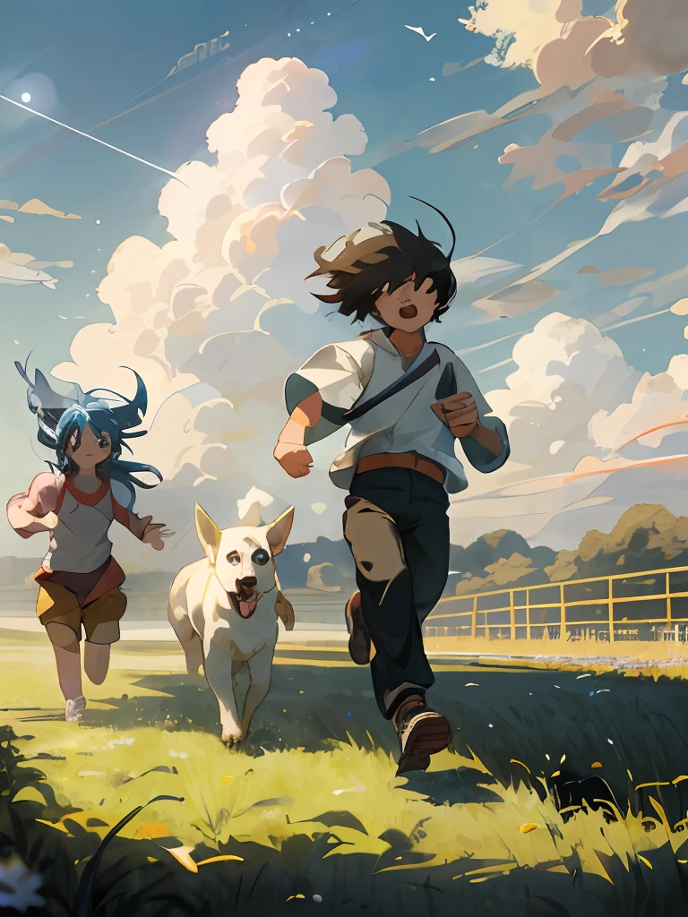 anime big breast, A boy and a girl running through the field with a dog, blue-sky，grassy fields，rays of sunshine，ventania，in style of hayao miyazaki