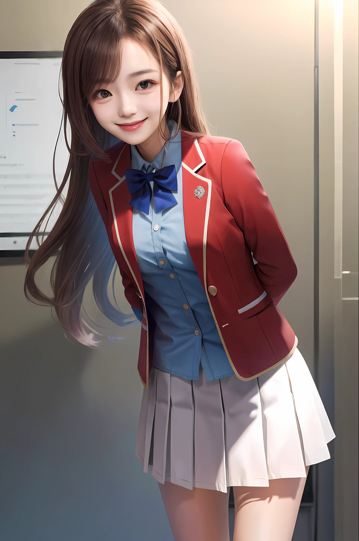 masterpiece, best quality, highres, 1girl matsushita swept bangs brown hair, white skirt red jacket blue shirt open jacket blue bowtie standing arms behind back smile leaning forward