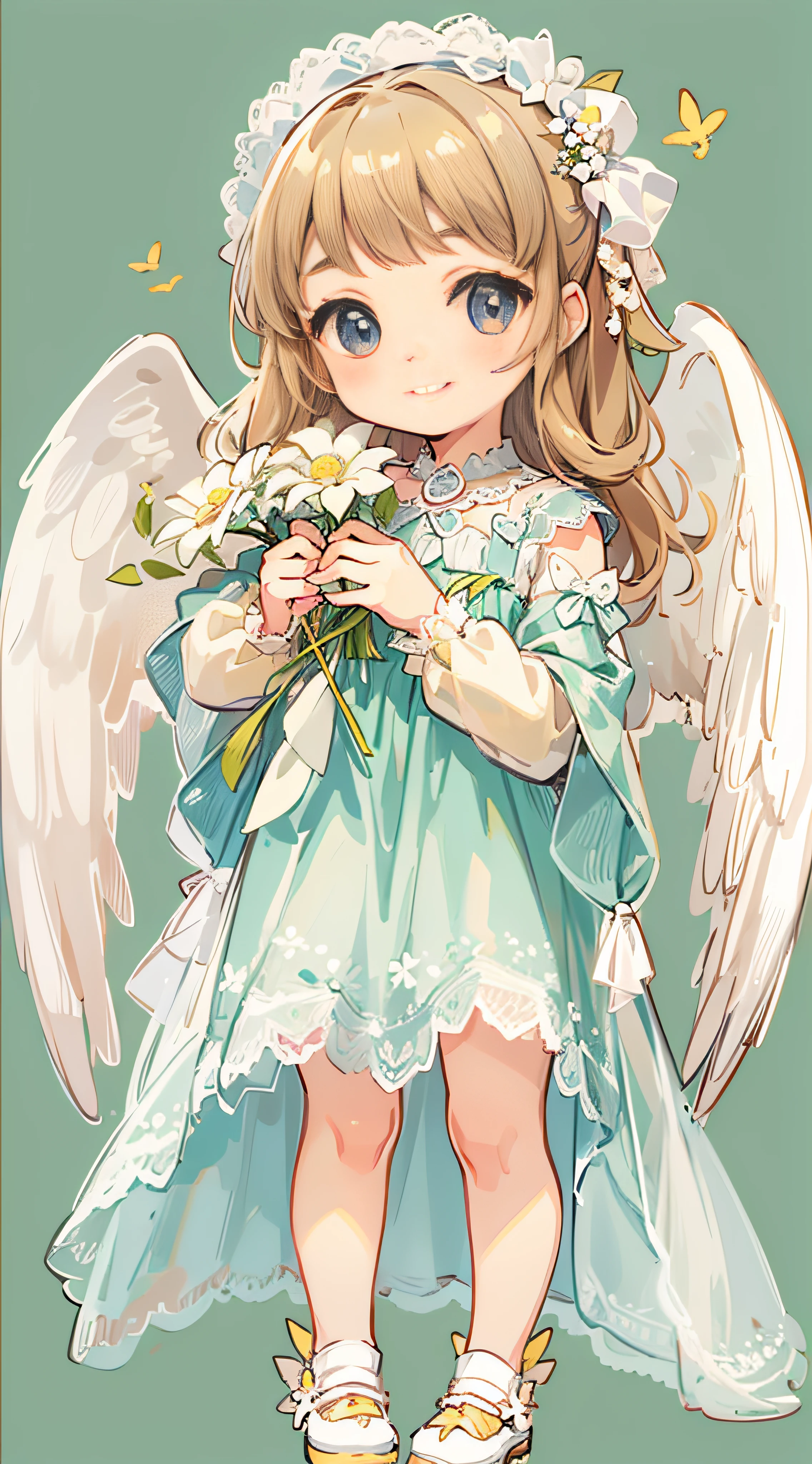 Little Angel, estilo chibi, With angel wings, Gentle smile, holding a flower, Vintage Long Dresses、colorfull dress, Isolated on plain white background, Show full body