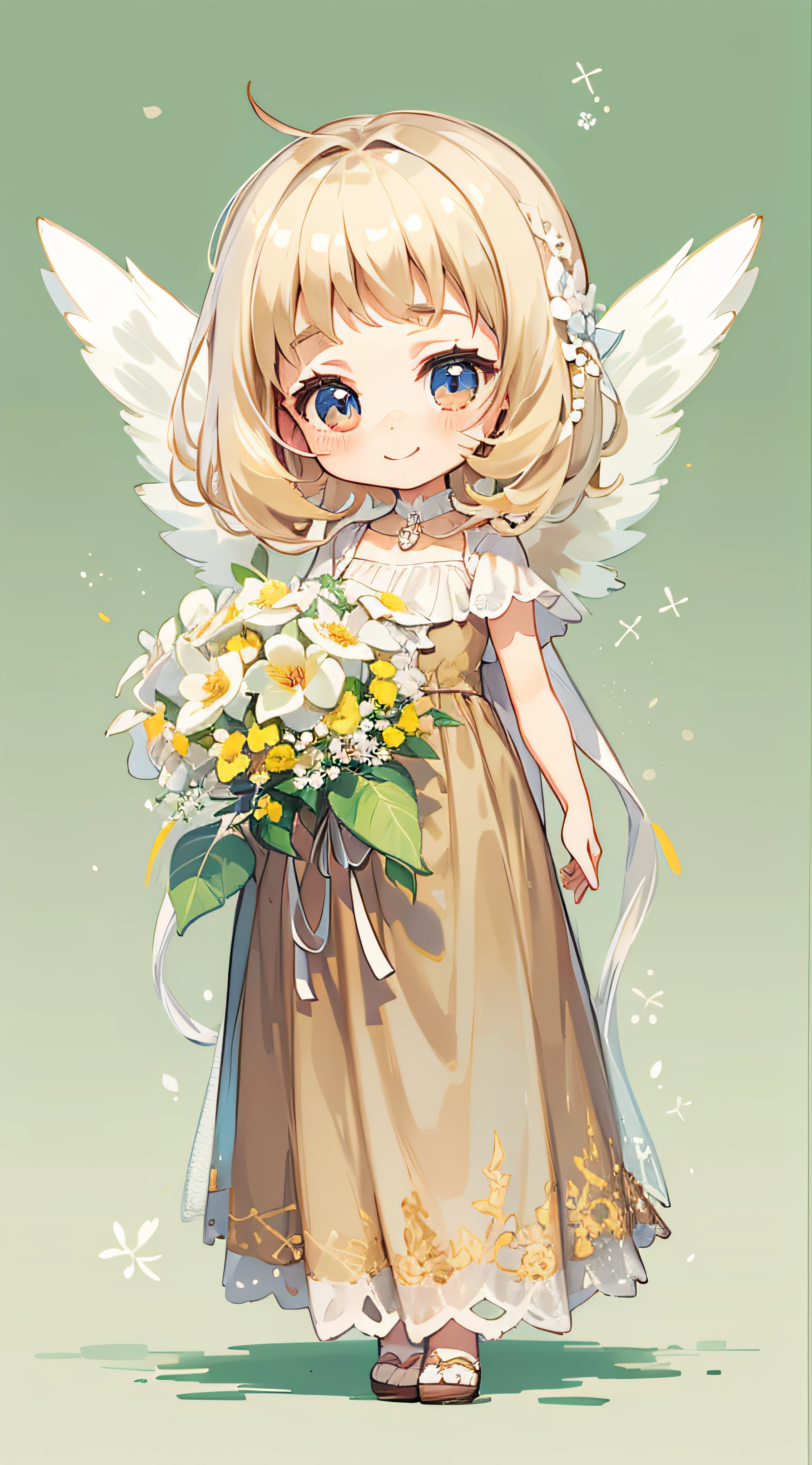 Little Angel, estilo chibi, With angel wings, Gentle smile, holding a flower, Vintage Long Dresses、colorfull dress, Isolated on plain white background, Show full body