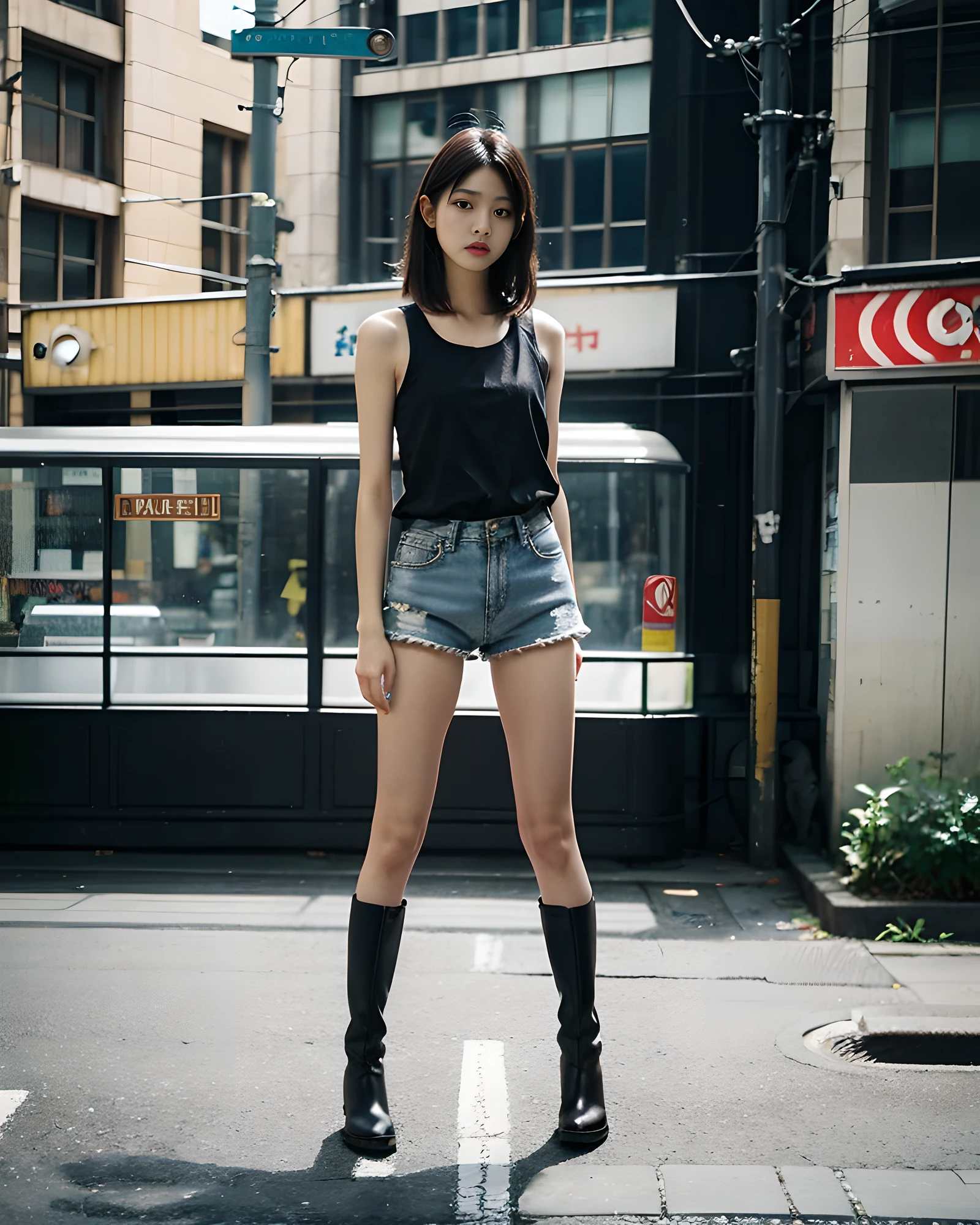 photorealistic, full body image, street snap:1.3, 1girl, metropolis street, detailed background, wearing a tank top and a shorts, black knee-high-over sox, boots, open stance, stylish model pose, fashion full body photo, masterpiece,