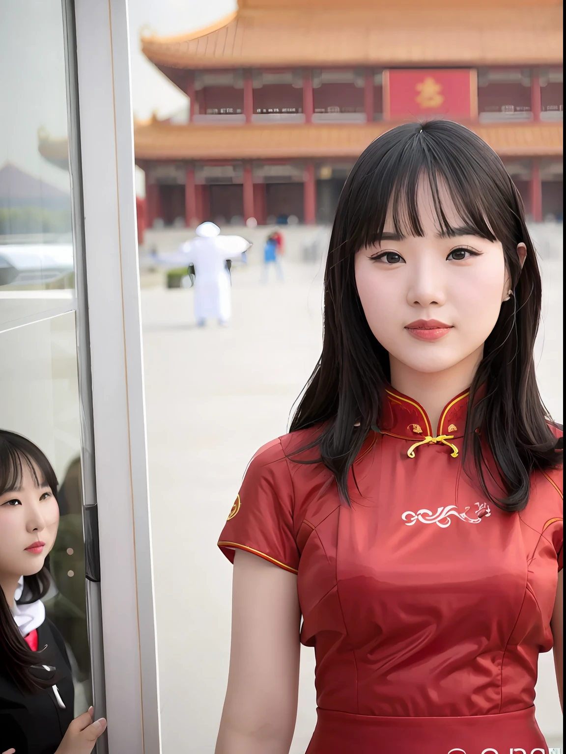 Red cheongsam woman,In front of Tiananmen。