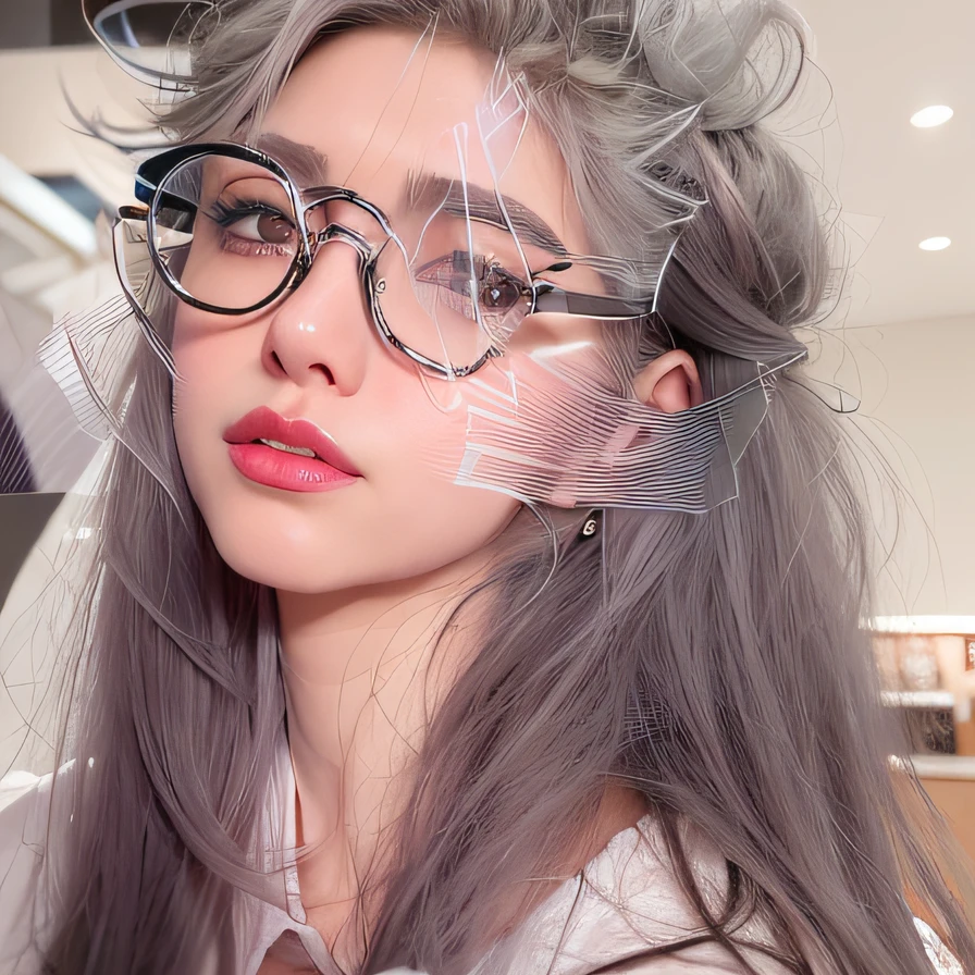 a close up of a woman with glasses and a white shirt, wearing thin large round glasses, light gray long hair, cloudy grey hair, light grey hair, straight grey hair, belle delphine, gray color, with square glasses, with glasses, ulzzang, girl silver hair, white hime cut hairstyle, with white long hair, dark gray hair, grey hair