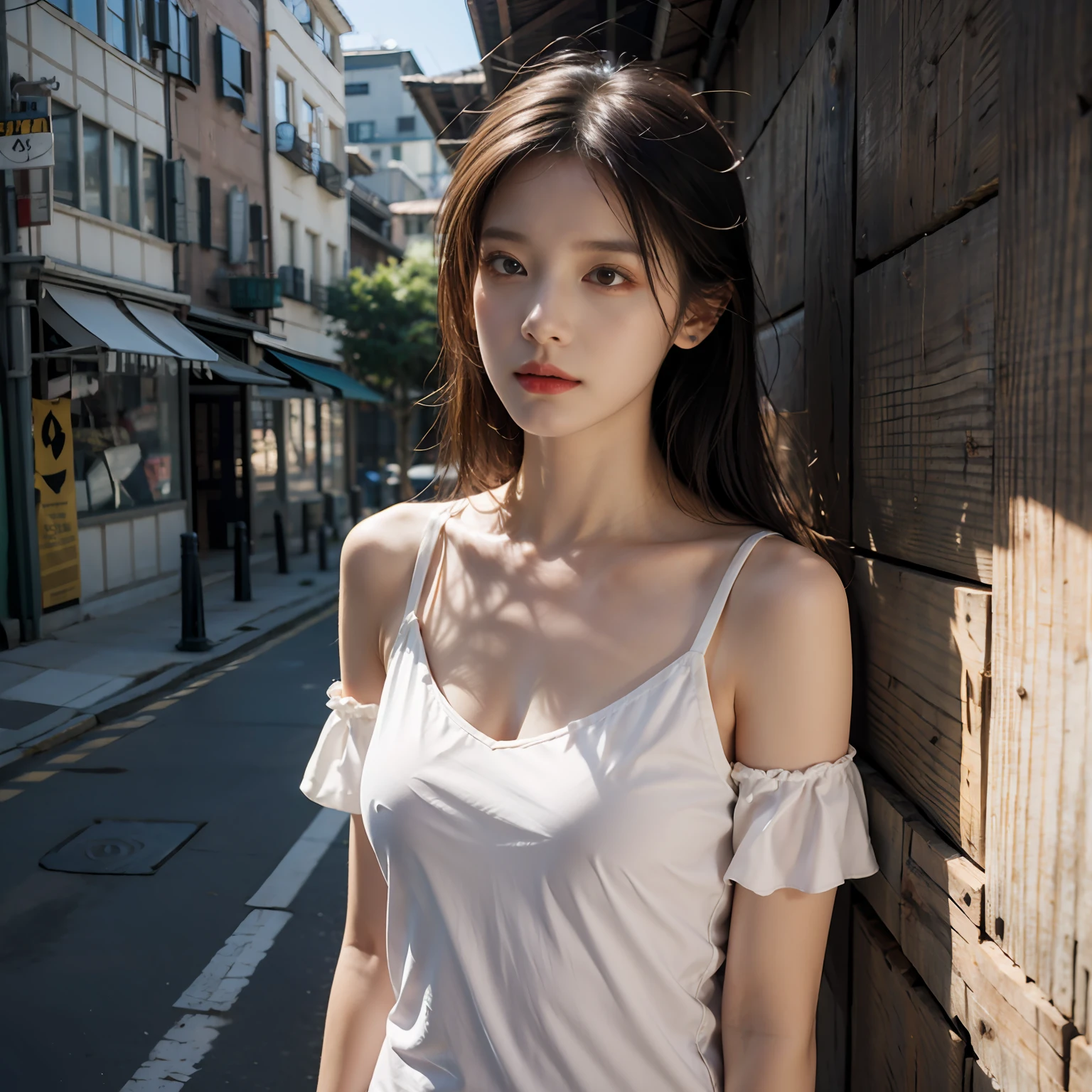best qualtiy,tmasterpiece,超高分辨率,(realisticlying:1.4),RAW photogr,(Evening street),(1个Giant Breast Girl),黑The eye,long whitr hair,Light makeup,cparted lips,tiny ears,whitet-shirt,(Beautiful Women with Perfect Figure:1.4), ( huge breasts:1.2), (exteriors,beachside:1.1),the city street,Ultra-fine face,Fine eyes,二重まぶた ,long leges, Solo,The eyes are melancholy,fully body photo,Cowboy shot, in a panoramic view,