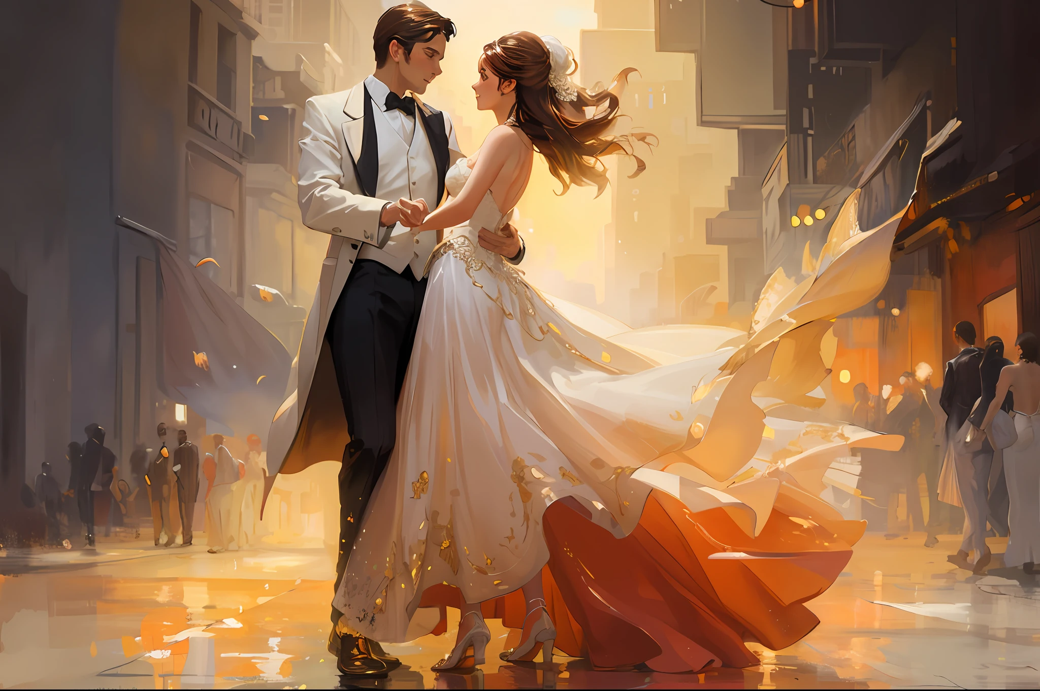 A painting of a couple in a wedding dress dancing in the city, romanticism painting, in style of steve henderson,, Elegant digital oil painting , beautiful art, Dance gracefully on you, dancing with each other