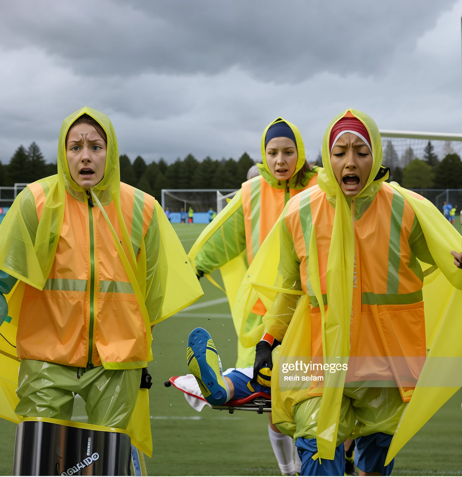 a soccer scene in a sports stadium, cool and wet weather conditions, humide ground, rainy sky, injury scene in a sports stadium, stretcher carry, there are four female medics carrying a stretcher, there are four female medics in very shiny coats who are carrying a stretcher in a sports stadium, there is a wounded male soccer player in a matte short cotton sports outfit lying on the stretcher, an injured male soccer player in matte cotton sportswear is lying in pain on a stretcher, a soccer player in matte cotton sports clothes is rearing up in intense pain while lying on a stretcher, dramatic scene, theatralic posing scene, dramatic pity scene, injury soccer, first aid, help, pity, there are four female medics in wetlook high-shine coats who are looking very sad and very terrified and very shocked, the injured soccer player is screaming out in pain while he is carried from the pitch on a stretcher
