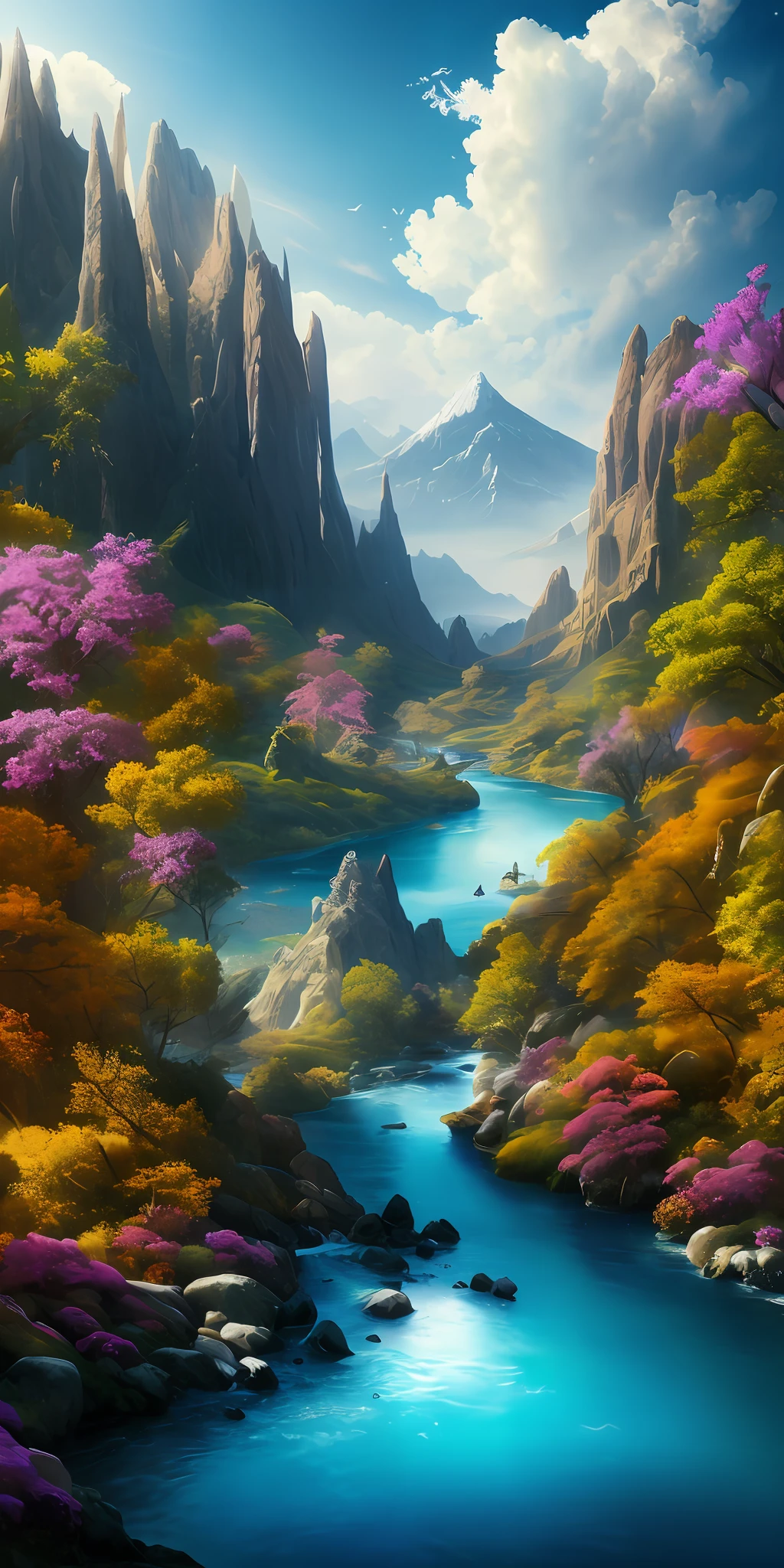 Masterpiece, best quality, high quality, extremely detailed CG unity 8k wallpaper, landscape, outdoor, sky, clouds, sky, no humans, mountain, landscape, water, tree, blue sky, waterfall, cliff, nature, lake, river , cloudy skies, award winning photography, bokeh, depth of field, HDR, bloom, chromatic aberration, photorealism, very detailed, trending on artstation, trending on CGsociety, intricate, high detail, dramatic, half way art