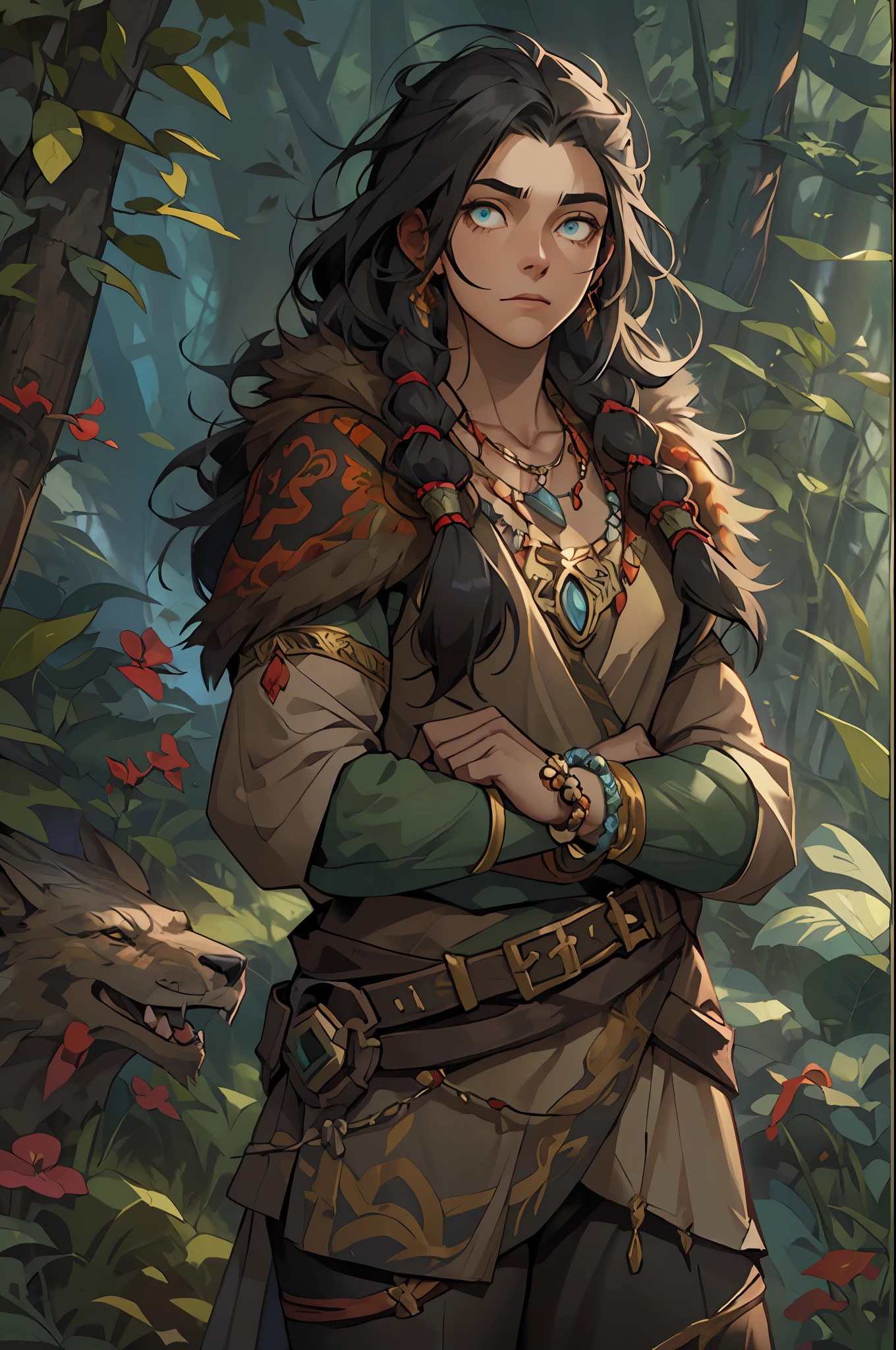 （1 Northern Girl，Animal fur clothing，Nordic primitives，Pharmacist by profession），Anatomically correct, Solo, （shaman, Nature, Healer, wild hairs, Dark black hair, Unkempt hair, pretty eyes, Long bead necklace, Bead bracelet, trinkets, Vines in hair, Thick body, Wide body,Fantasy setting）, Outdoor activities in a dream forest, Ancient ruins, Magic the Gathering, dungeons and dragons, character concept, character art, Character portrait, Cartoon, Best quality, Best resolution, 4K, Vivid colors, Vivid, High detail, best detail, confident pose, extrovert, look from down, Serious expression