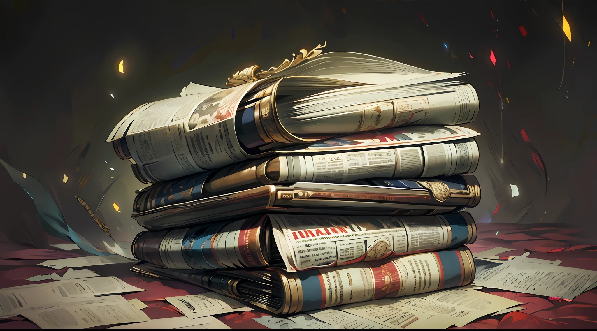 An English newspaper stacked on top，Pay attention to detail，solid color backdrop。