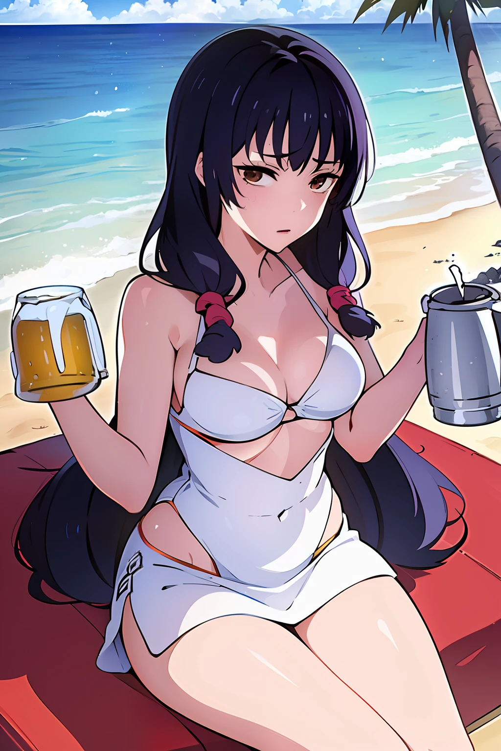 masutepiece, ((hyper detailed background, Delicate pattern, intricate detailes)), (Highly detailed, Fine details), Best Quality, Beautiful lighting, ((medium breasts, Slim Girl)), songstress, 1girl in, Solo, Black hair, Long hair, Brown eyes, (Twin-tailed:1.2), mare、the beach、(Beer mug、Sit on the beach and drink beer:1.5)、swim wears、(Beach, Palm trees), Beach, clear water,(Blue sky, cumulonimbus clouds),(sima),(hibiscus),