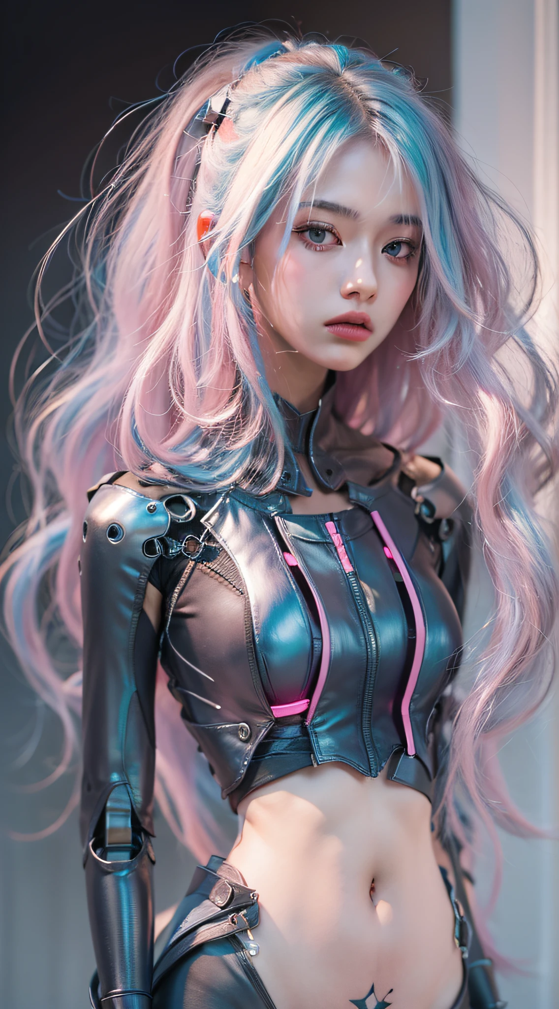 Kizi,cyber punk perssonage,Technologie,mirai,Beautuful Women,Metal skeleton,Semi-mechanical body,photorealestic,8K,tmasterpiece,ultra-realistic realism,good body,Thin leg,Attractive appearance,Grim expression,Faraway view,full bodyesbian,Low camera,UHD resolution,Masterpiece,Light pink light blue gradient hair,