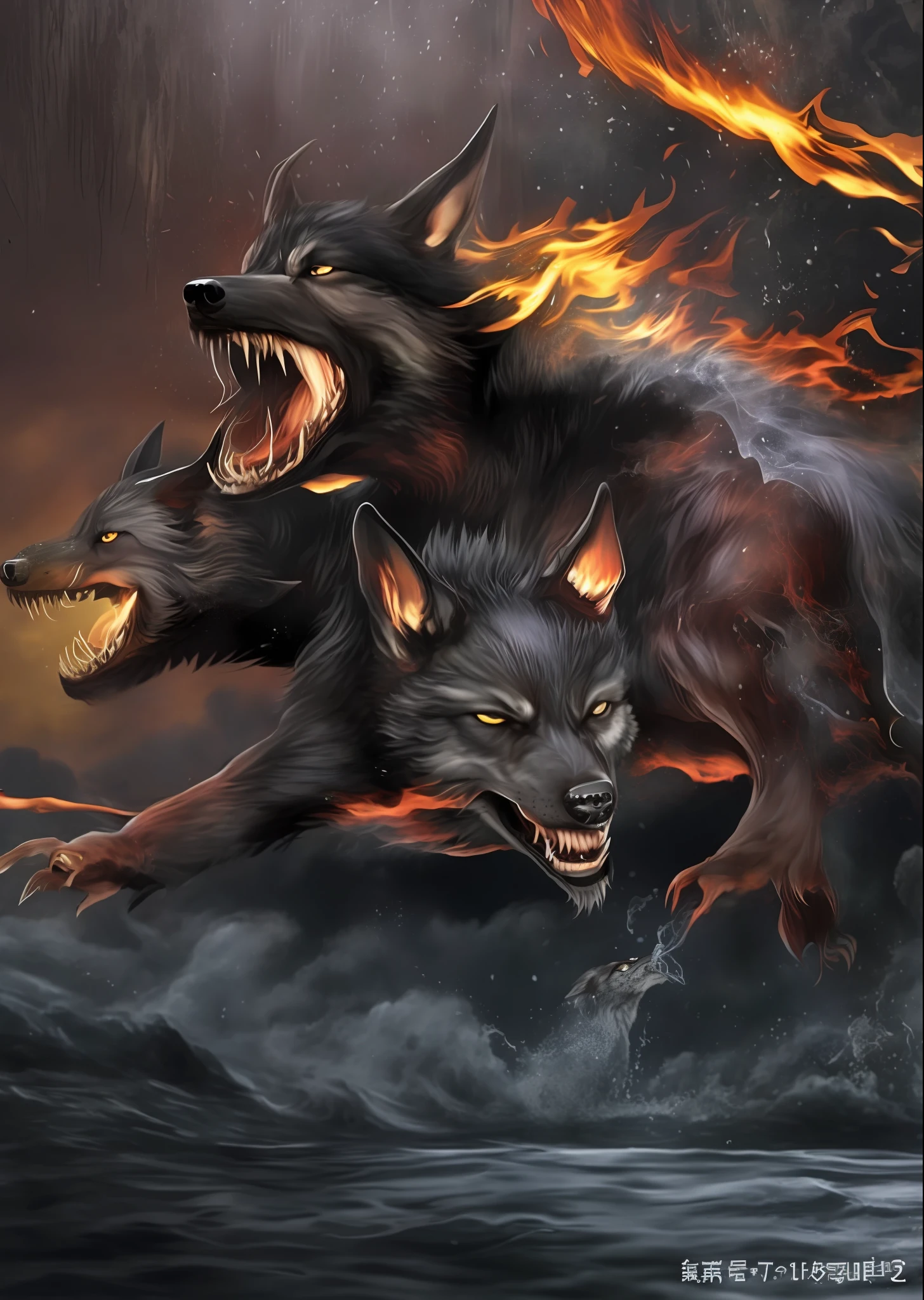 There is a picture of a wolf attacking a demon in the water, Hellhounds, wolf in hell, Cerberus, fenrir, author：Ignacio Zuloaga, Wolves, winged wolves, author：Sava Shumanovich, dire wolf, author：Dexko Uzunov, author：Isidor Kersniavi