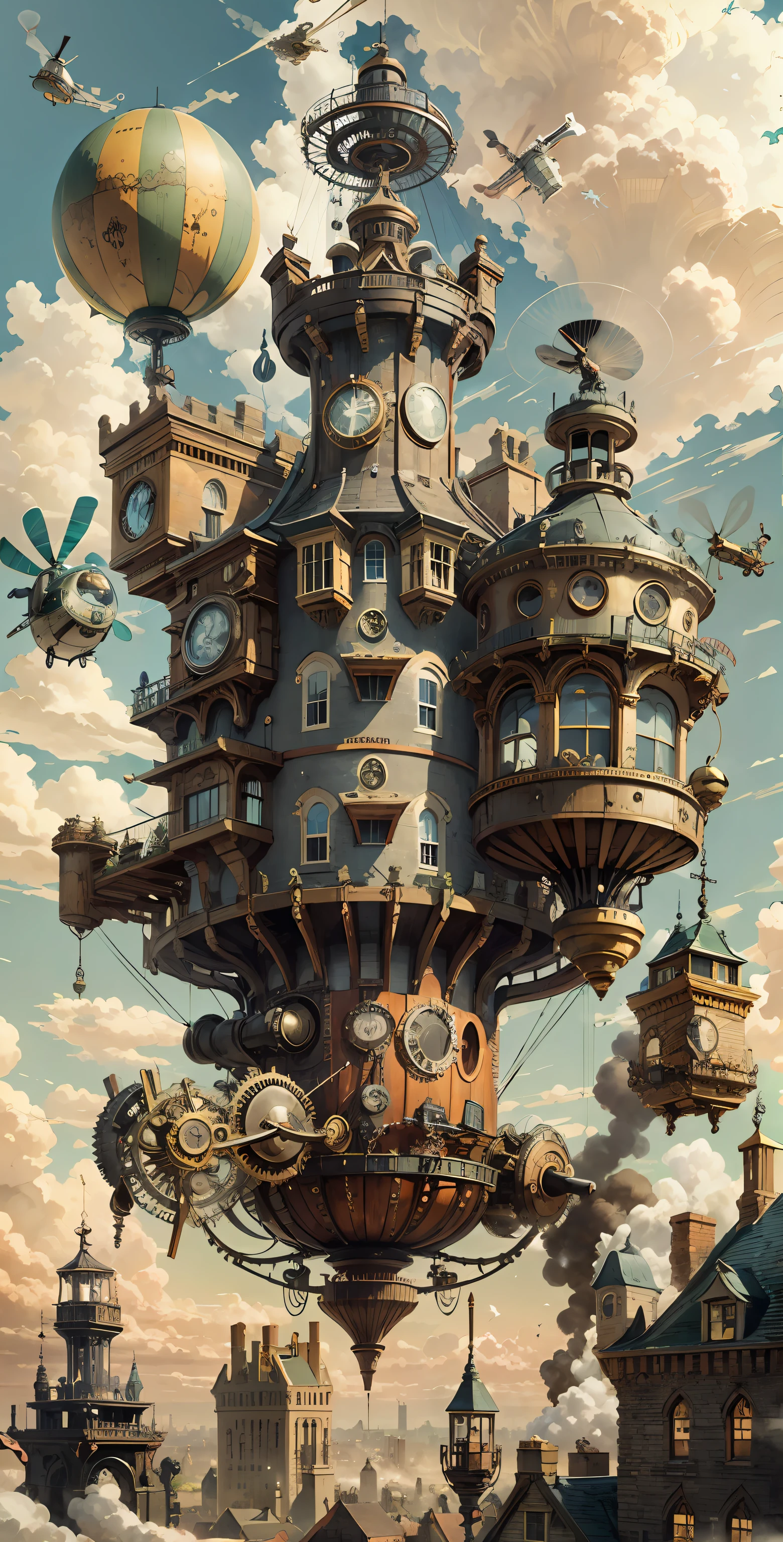 SteamPunkAI, Cogpunk helicopter, city castle, steampunk