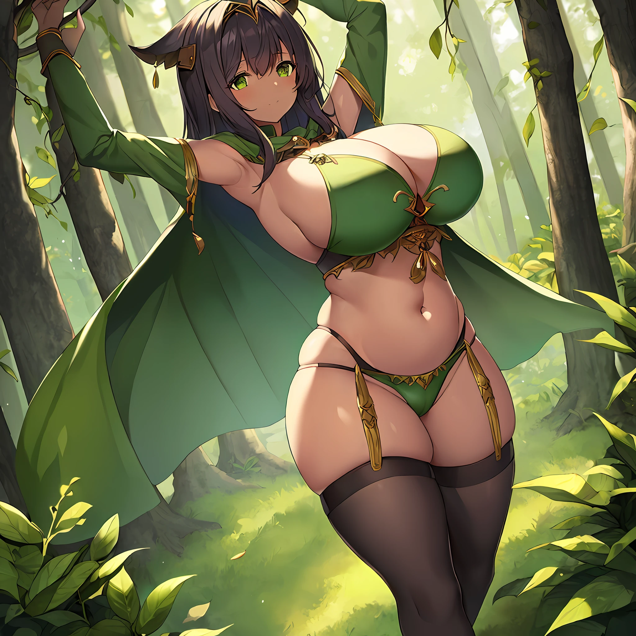 fantasy, 1forest_elemental_girl, (dark_skin)0.9, (using_leaves_clothes, green_leaves_covered_breasts, leaves_covered_pussy)+++,(gigantic_heavy_tits:1.1), walking, (smile, sleepy)+, medium_hair, navel,(plump:0.9), oil, (winding_vine_around_torso)++, forest_background, leaves_headgear, green_leaves_cape, spread_arms, large_staff, leaves_thighhighs, big_ass,solo