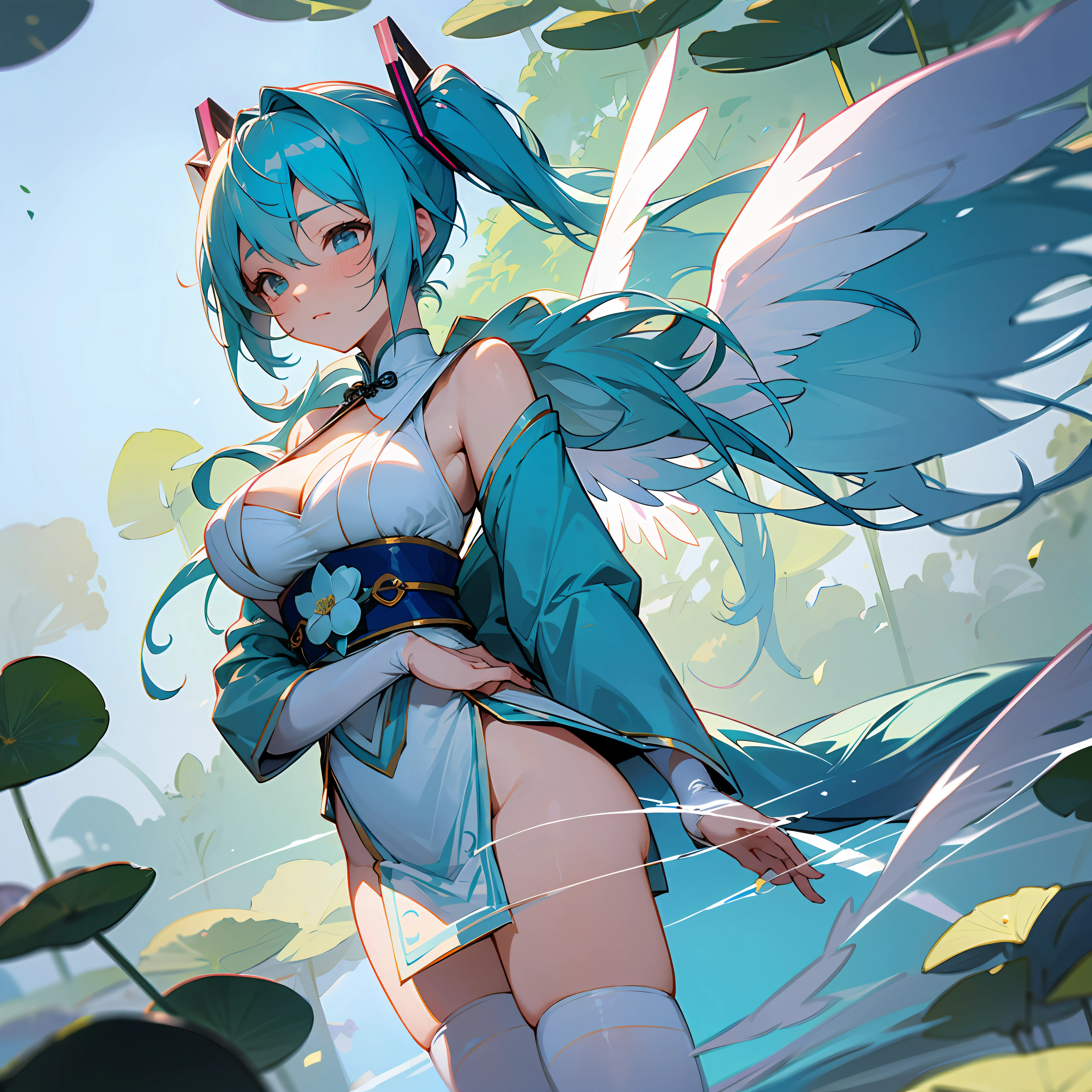 faeries（Big breasts Hatsune Miku），Hair is scattered，chinese ancient costume，The water on the clothes makes them thin and transparent，huge tit， Lie on the lotus platform，Legs crossed，Transparent wings，(white stockings)，(Masterpiece:1.1), (Best quality:1.1), [Blue:Pink:0.5]Theme, Cowboy shot,Cinematic light， full bodyesbian，Positive perspective，，(Look up),dynamic angle,Super meticulous,illustratio,closeup cleavage,Looking directly at