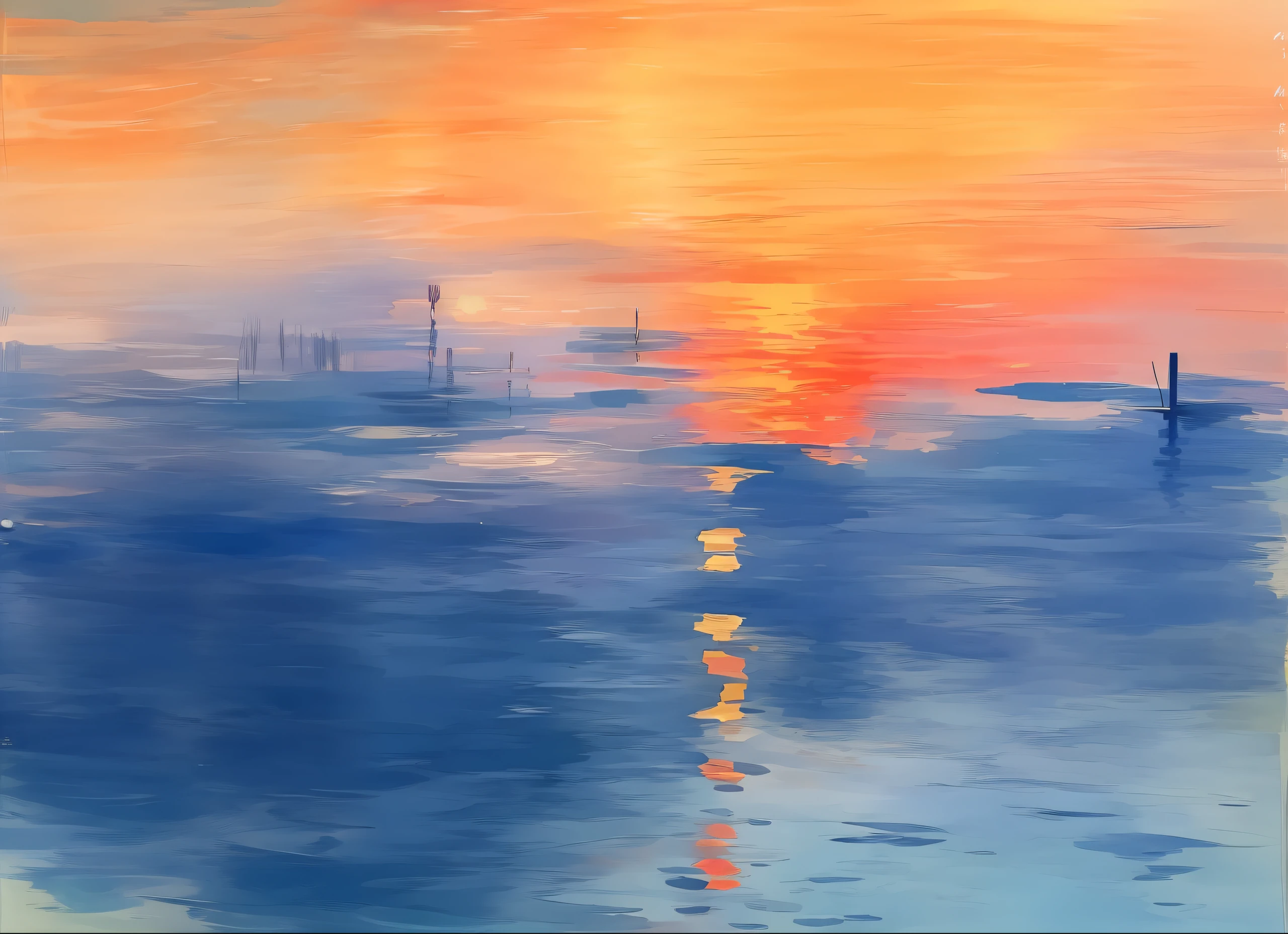 Sunset painted on the body of water, Monet style, sunset rich color, dreamy, aesthetic, romantic