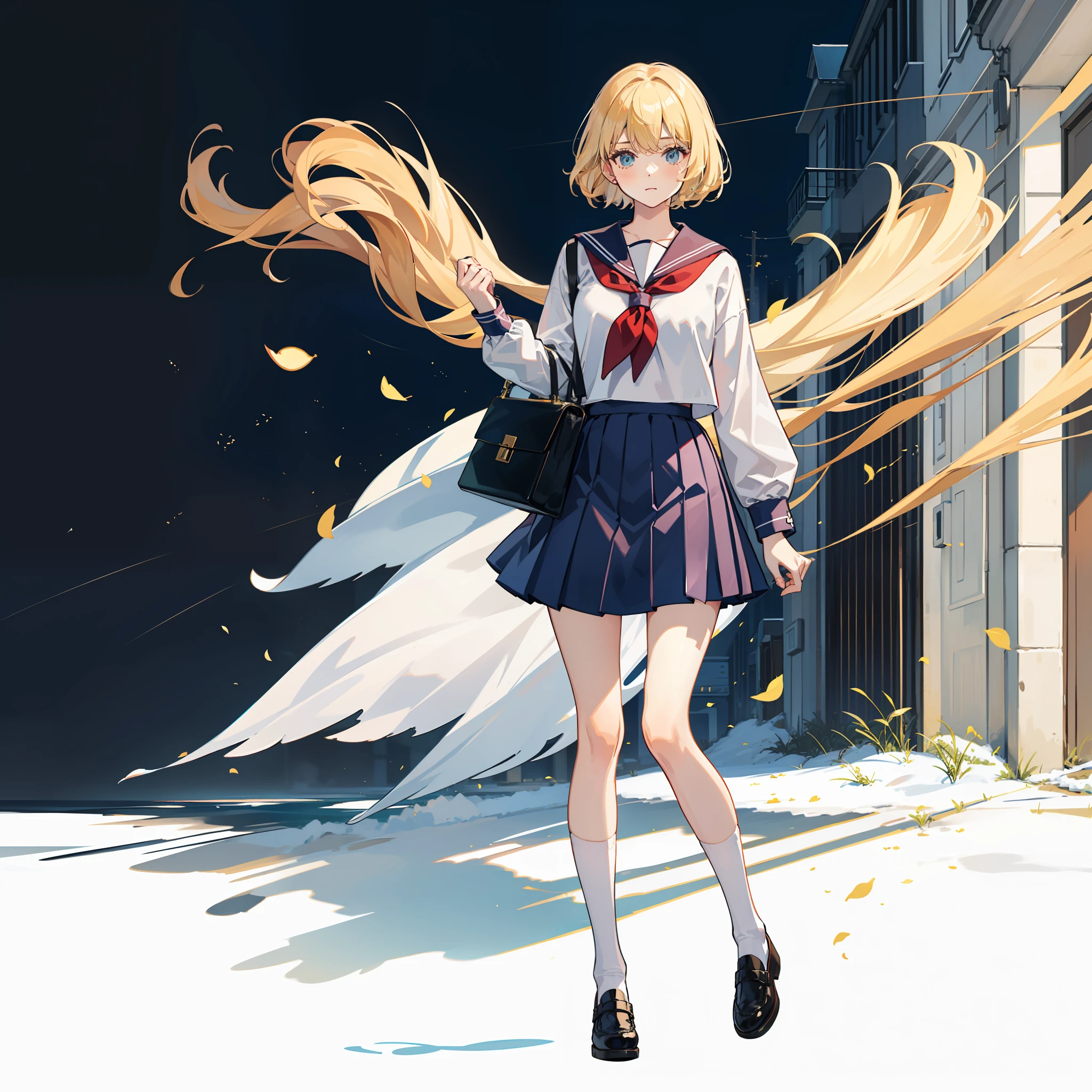 Description of a short-haired young woman holding a briefcase, 1 girl, solo, Alice Margatroid, school uniform, Gohei, skirt, shoes, Serafuku, white sailor suit, socks, Mary Janes, school background, different costume, long sleeves, blonde hair , full body, looking at viewer, short hair