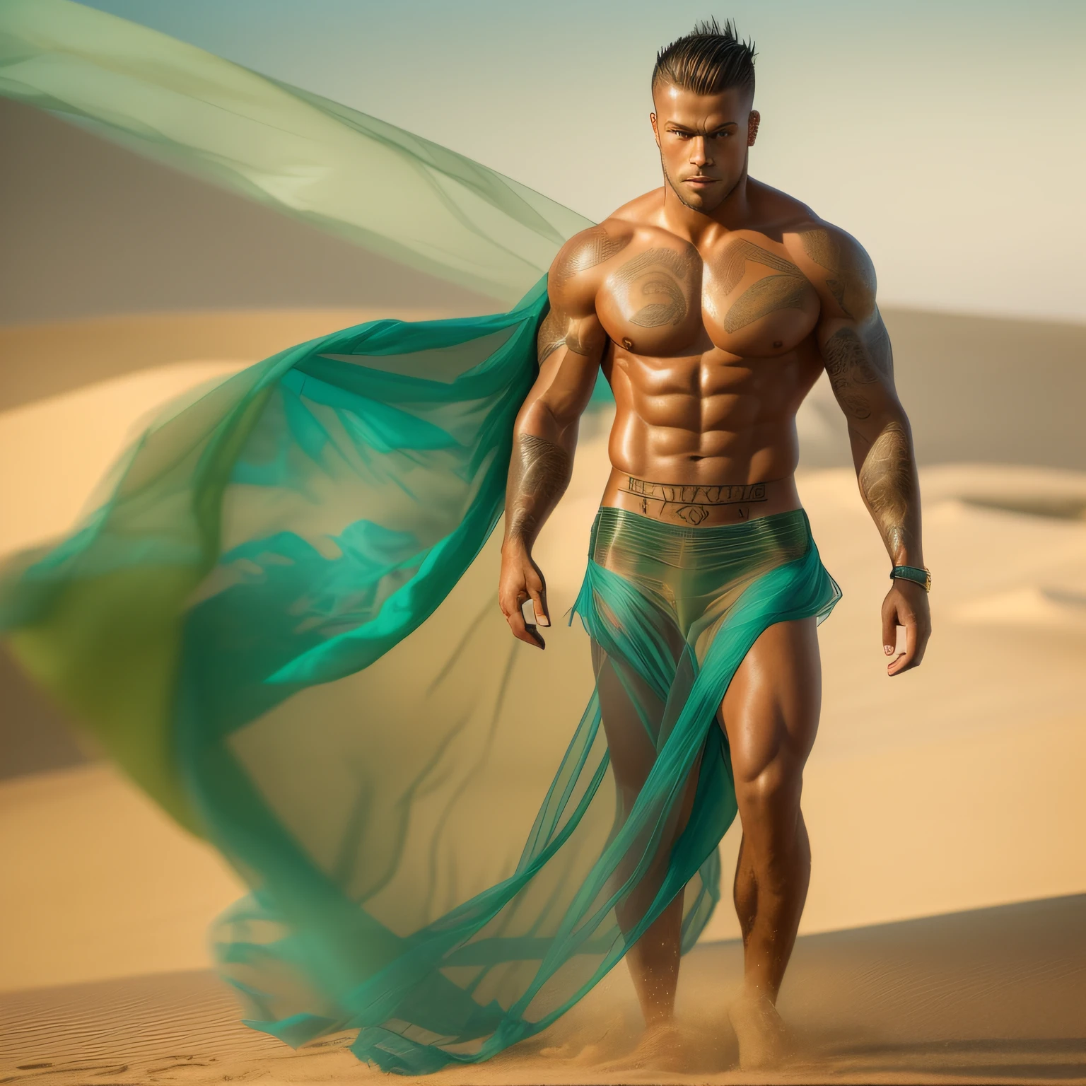 (an incredibly beautiful),(best illumination, golden light, brightly shining),(a handsome hugely muscular tanned warrior man with a tiny waist and tattoos over his whole body),(surrounded by voluminous sheer transparent turquise gauze fabric:1.2),(naked:1.5),(walking over dunes),(gazing), alluring stance