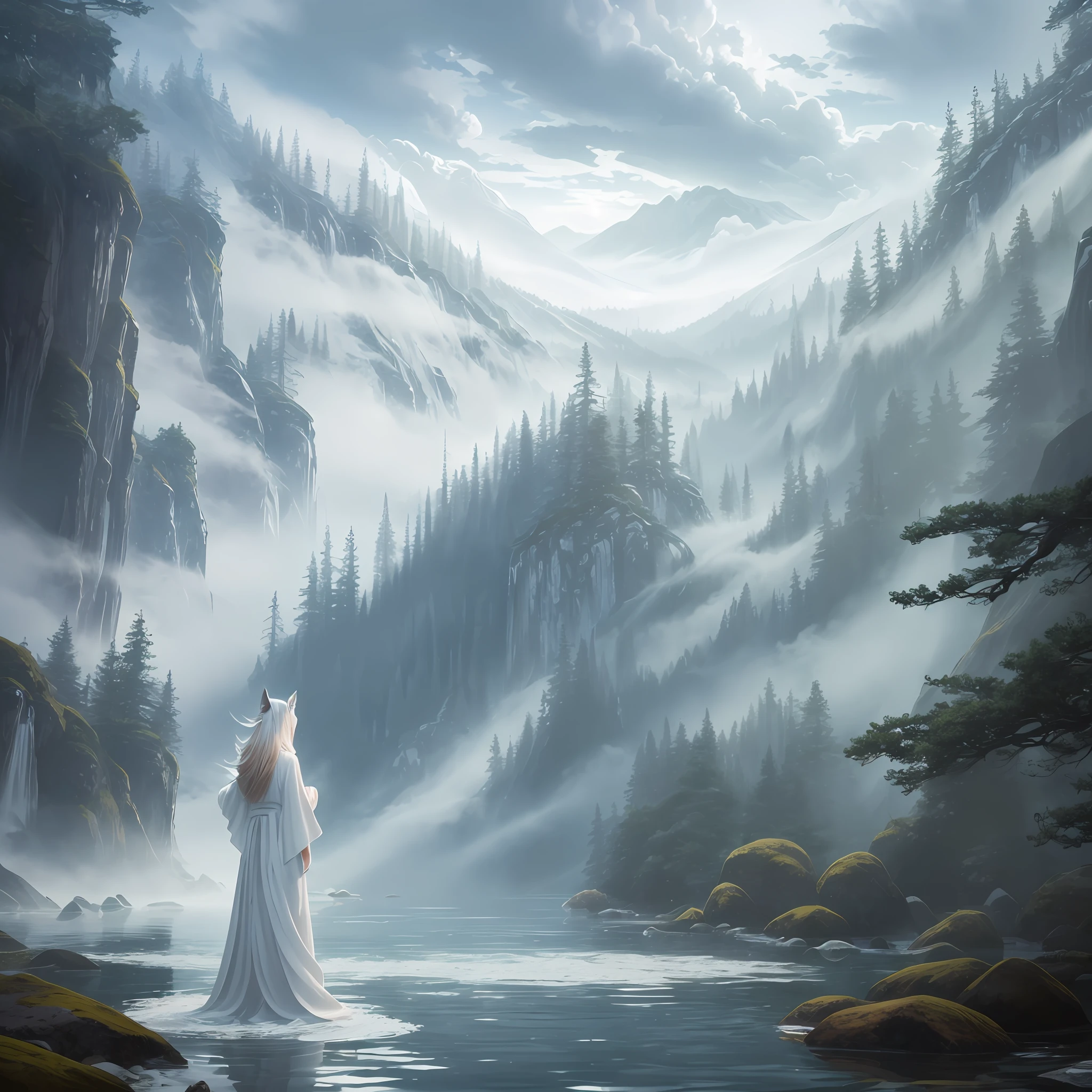a beautiful and ethereal fox spirit dressed in a flowing white Chinese robe. The image captures the fox spirit standing gracefully on the water's surface, surrounded by white clouds and mist that lend an otherworldly quality to the scene. The fox spirit's long white hair and robes are swept up by the wind, adding movement and fluidity to the image. Use Midjourney's advanced brush tools to create intricate folds and textures in the fox spirit's robes and hair, and experiment with different color palettes and brush strokes to bring out the ethereal quality of the scene. The fox spirit's beauty is further enhanced by the way her image is sometimes obscured by the surrounding mist, giving the scene a sense of mystery and enchantment. With Midjourney's powerful tools, you can bring this captivating and ethereal scene to life with incredible detail and beauty. hdr, (photorealism, masterpiece quality, best quality), , pureerosface_v1,ulzzang-6500-v1.1, --auto