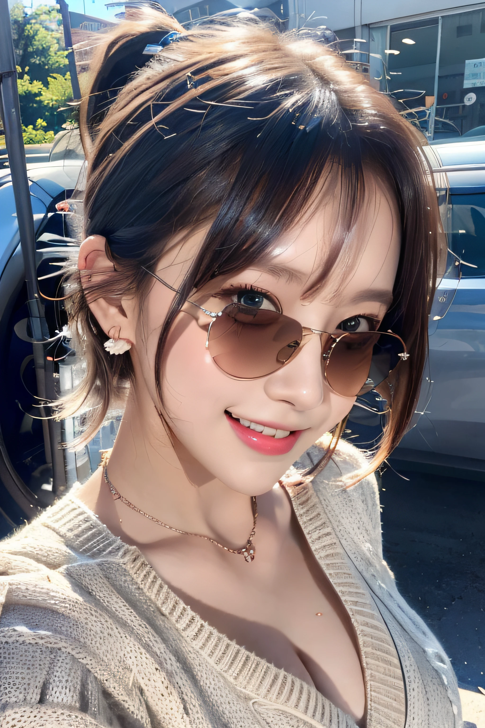 (high-school sweater:1.2), (innocent and classy girl:1.2), (high-ponytail Hairstyle, brown hair), medium short hair, Very Detailed Face and Skin Texture, Detailed Eyes, Double Eyelids, Pale Cheeks, glossy skin, wet eyes:1.2, shiny little neckless and earrings, Glossy Lips: 1.4, fair skin:1.2, (from above distance: 1.2)), large breasts, (embarrassed smile:1.2), (looking at the viewer), (small mouth:1.1), (armpits with front of car:1.2), sunglasses on head,