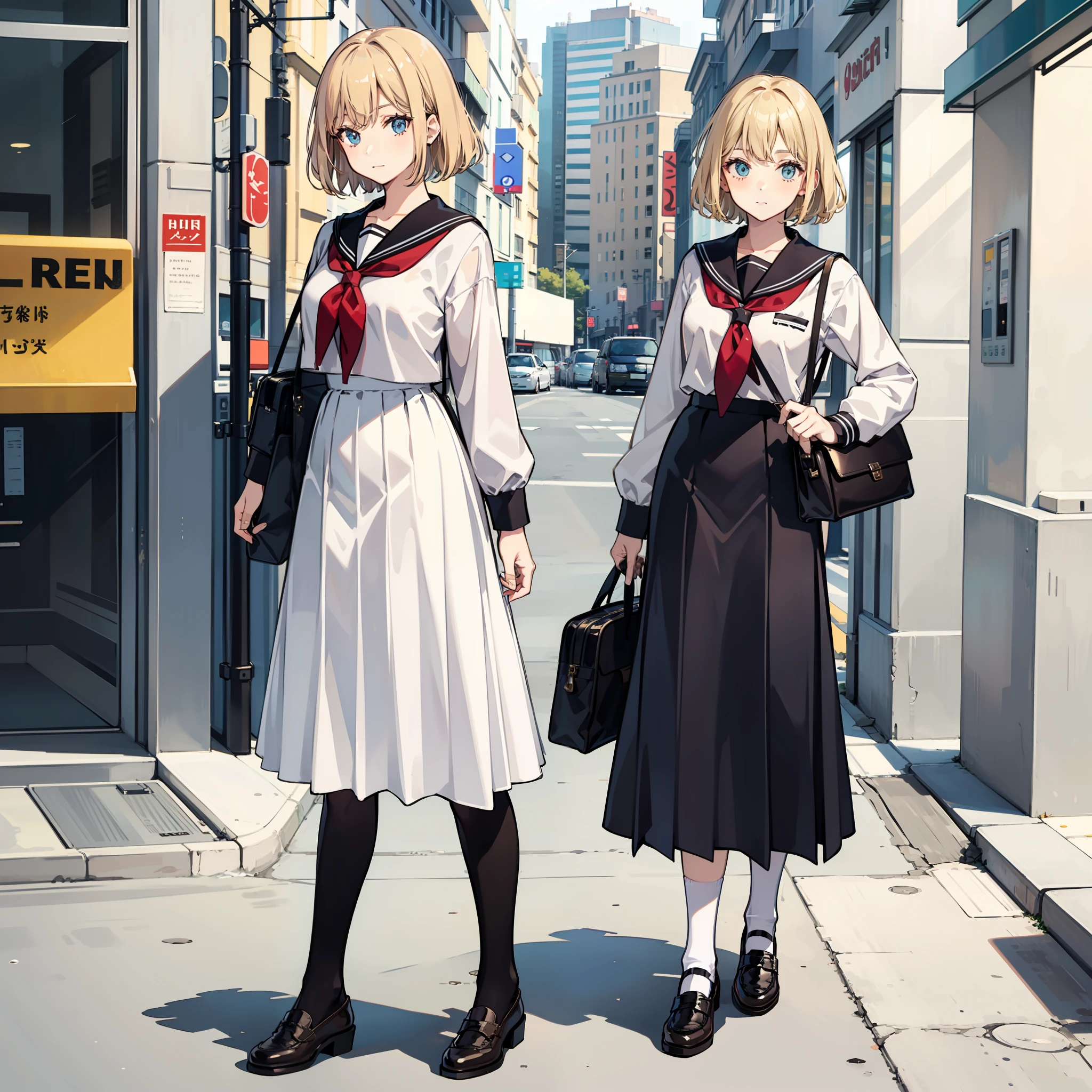 Description of a short-haired young woman holding a briefcase, 1 girl, solo, Alice Margatroid, school uniform, Gohei, skirt, shoes, Serafuku, white sailor suit, socks, Mary Janes, school background, different costume, long sleeves, blonde hair , full body, looking at viewer, short hair