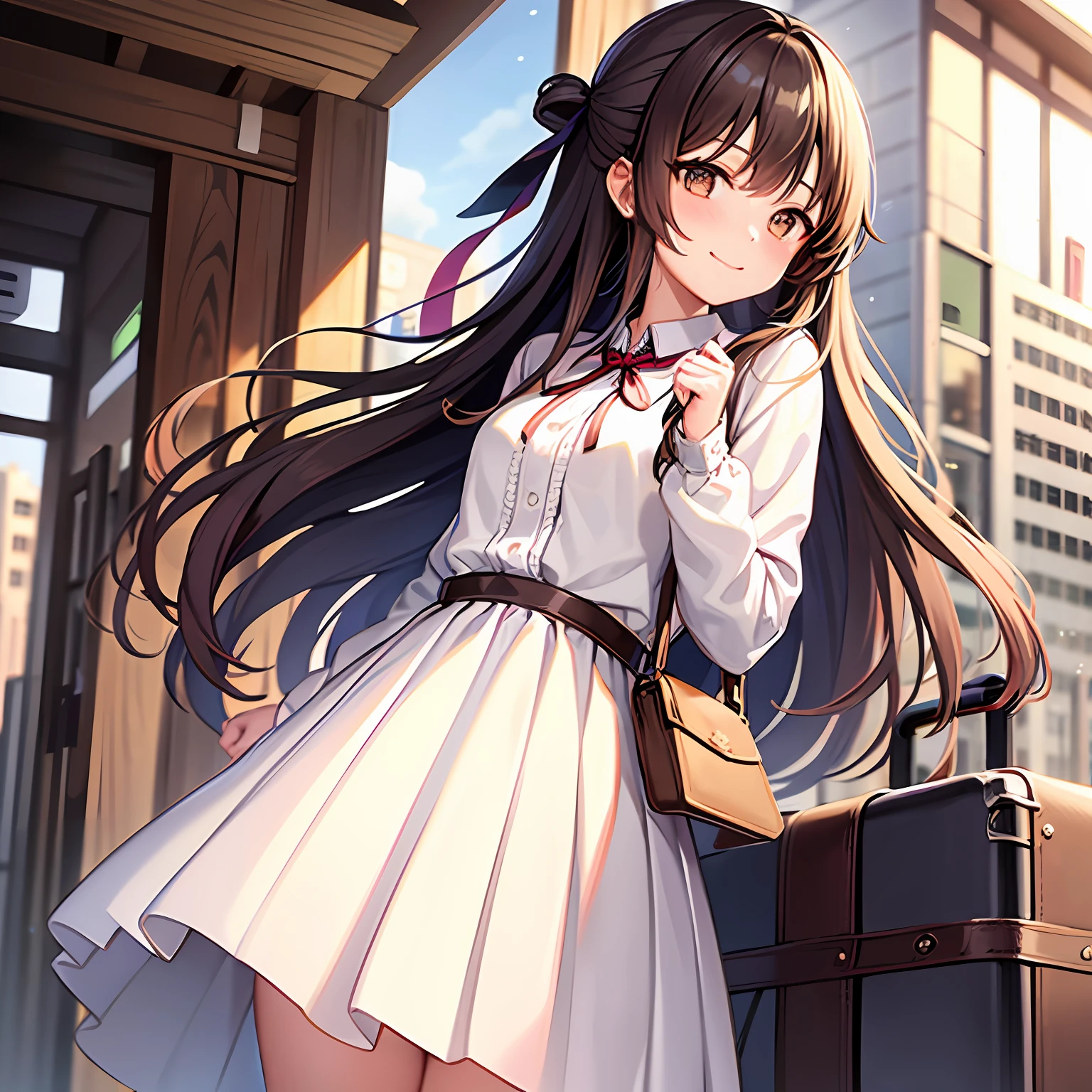 1girl in, Height 148cm、Bust 85cm、Waist 56cm、Hip 85cm、F-cup、23years old、very baby face、brown-haired、semi long hair、White duffel coat、Long pleated skirt、Lace hair ribbon at side of head、In front of the modern railway station in Japan、kindly smile、Blur the background a lot
